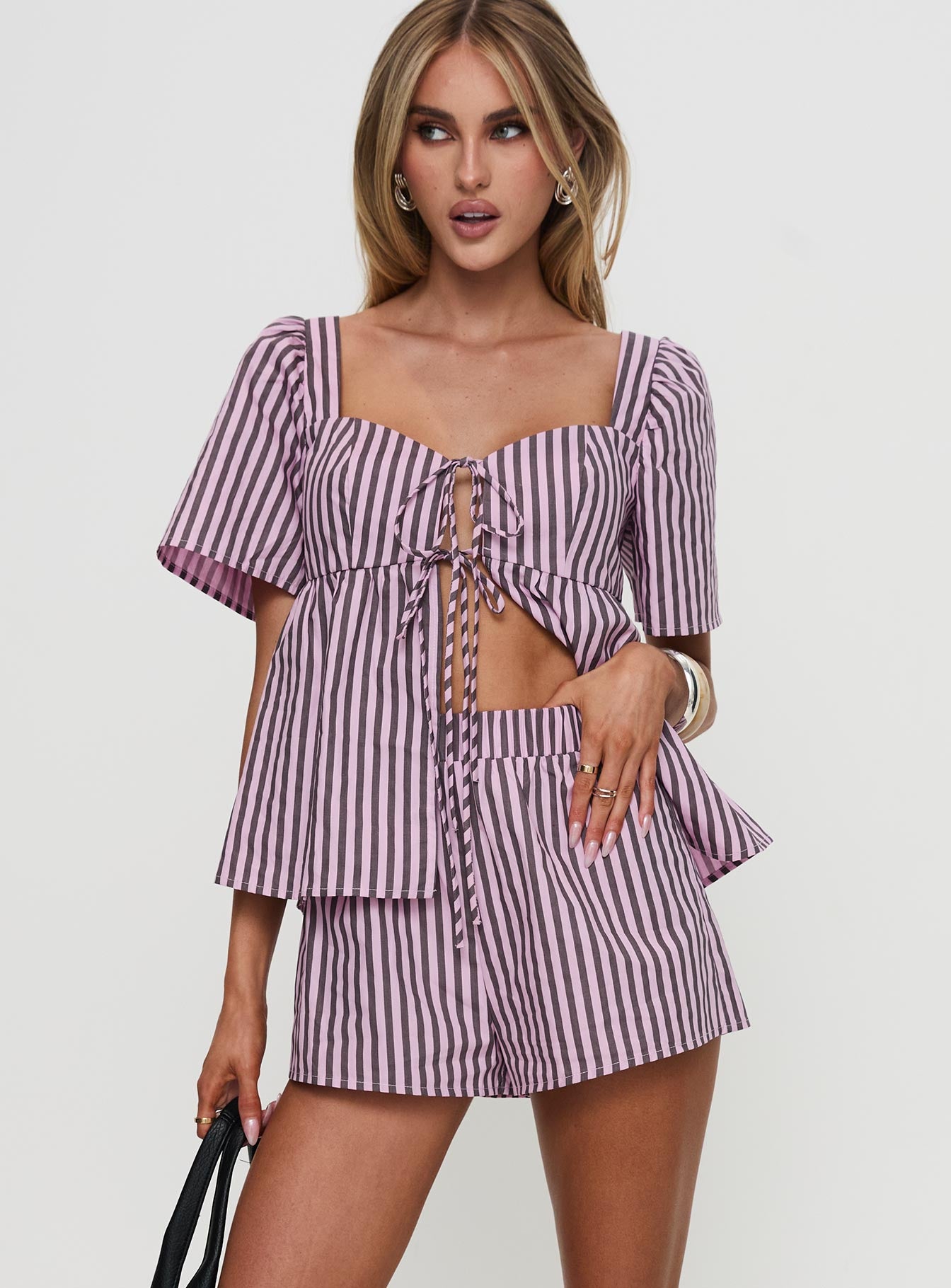 Two Young Hearts Tie Up Set Pink / Brown Stripe - Image 3