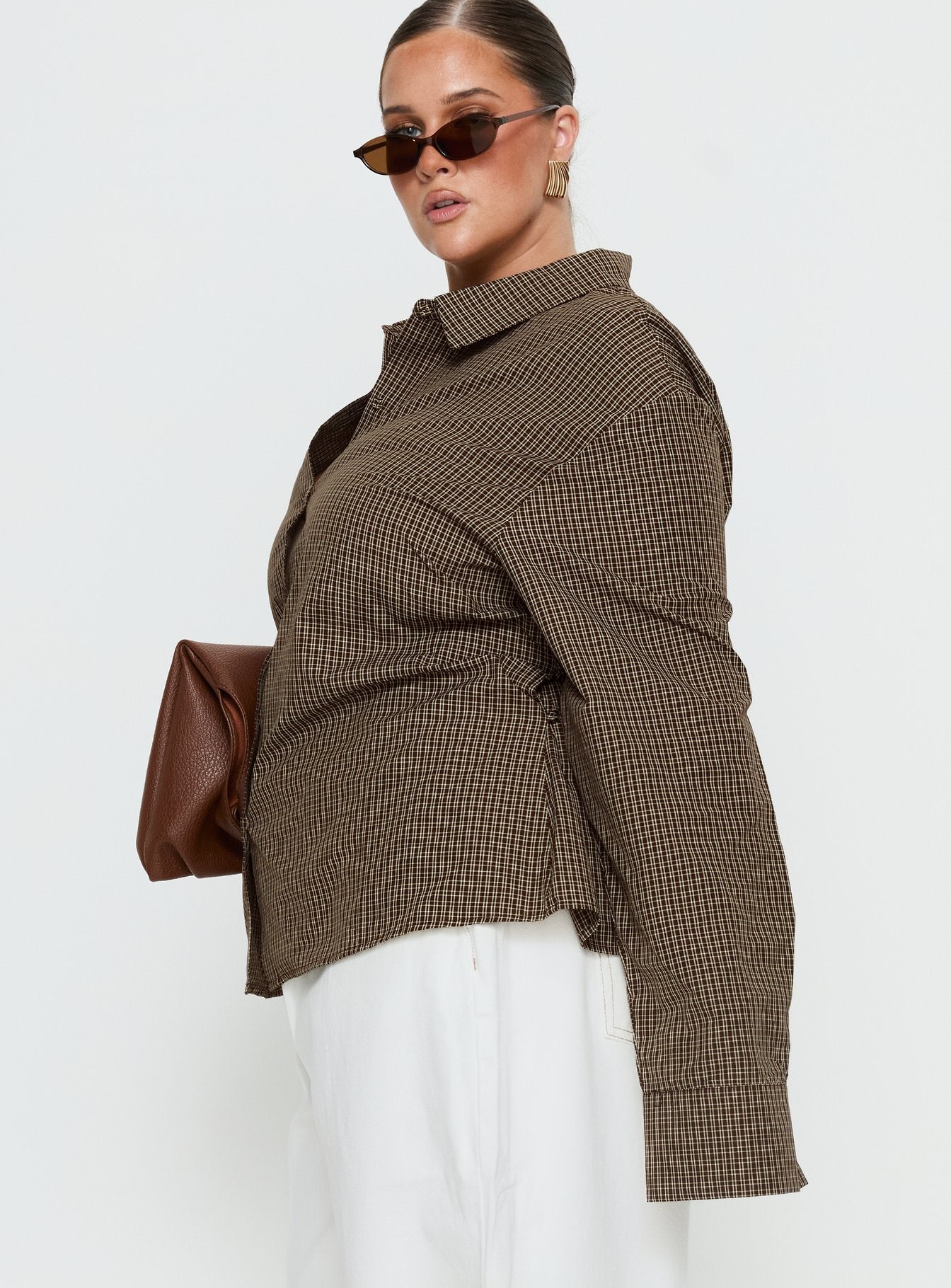 Xinia Tie Waist Long Sleeve Shirt Brown Check Curve - Image 3