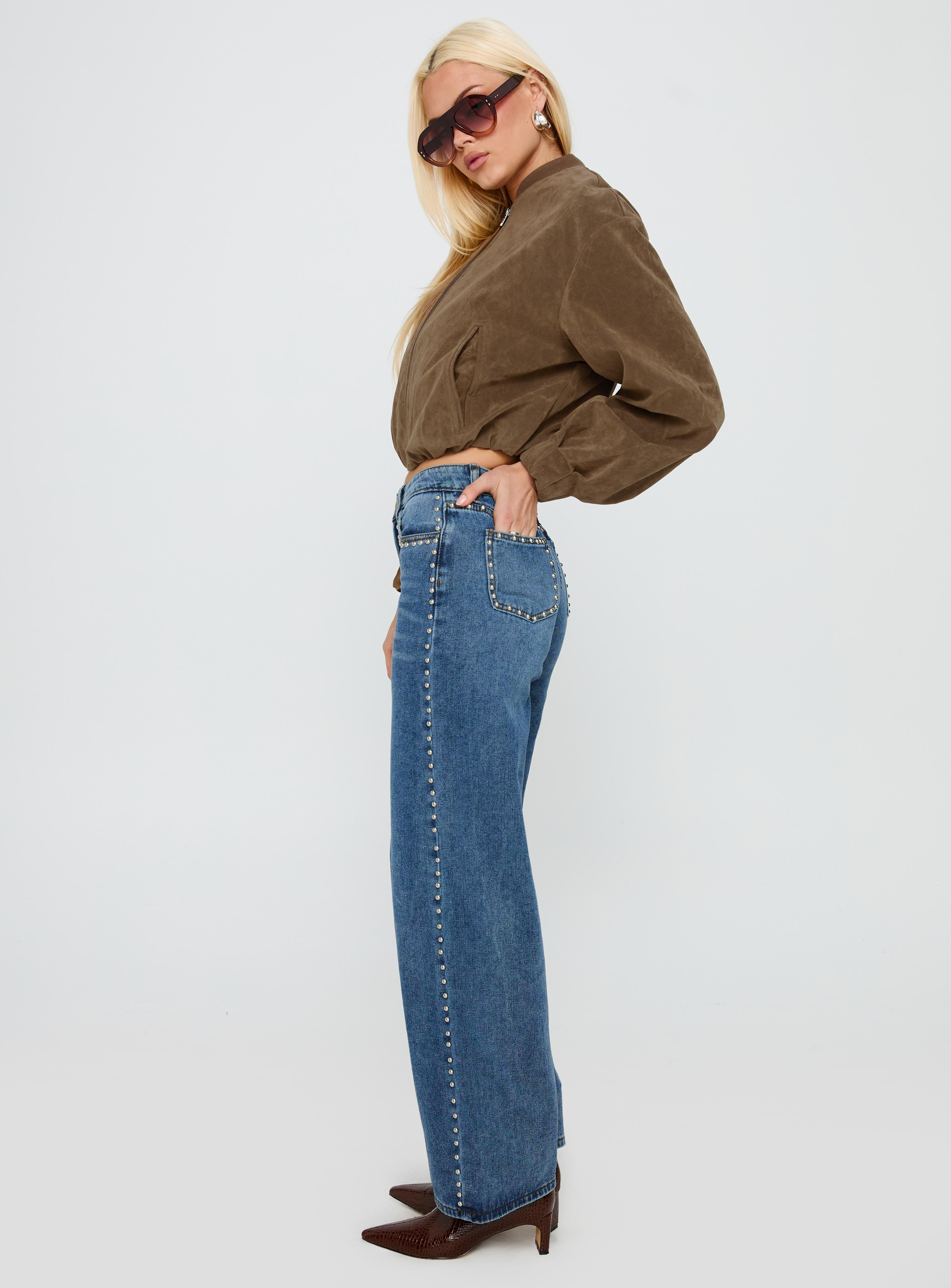 Saving Up Mid Rise Straight Leg Studded Jeans Mid Blue - Image 4