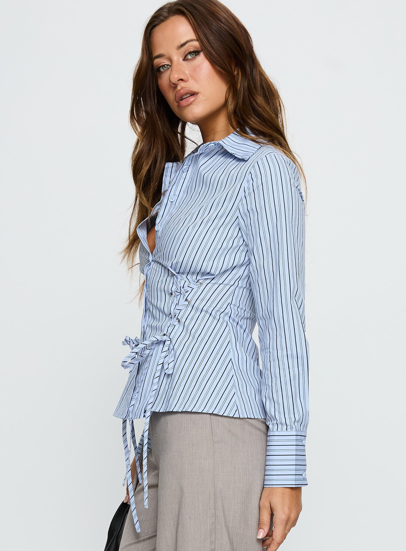 Sunisa Tie Detail Long Sleeve Top Blue Stripe - Image 3