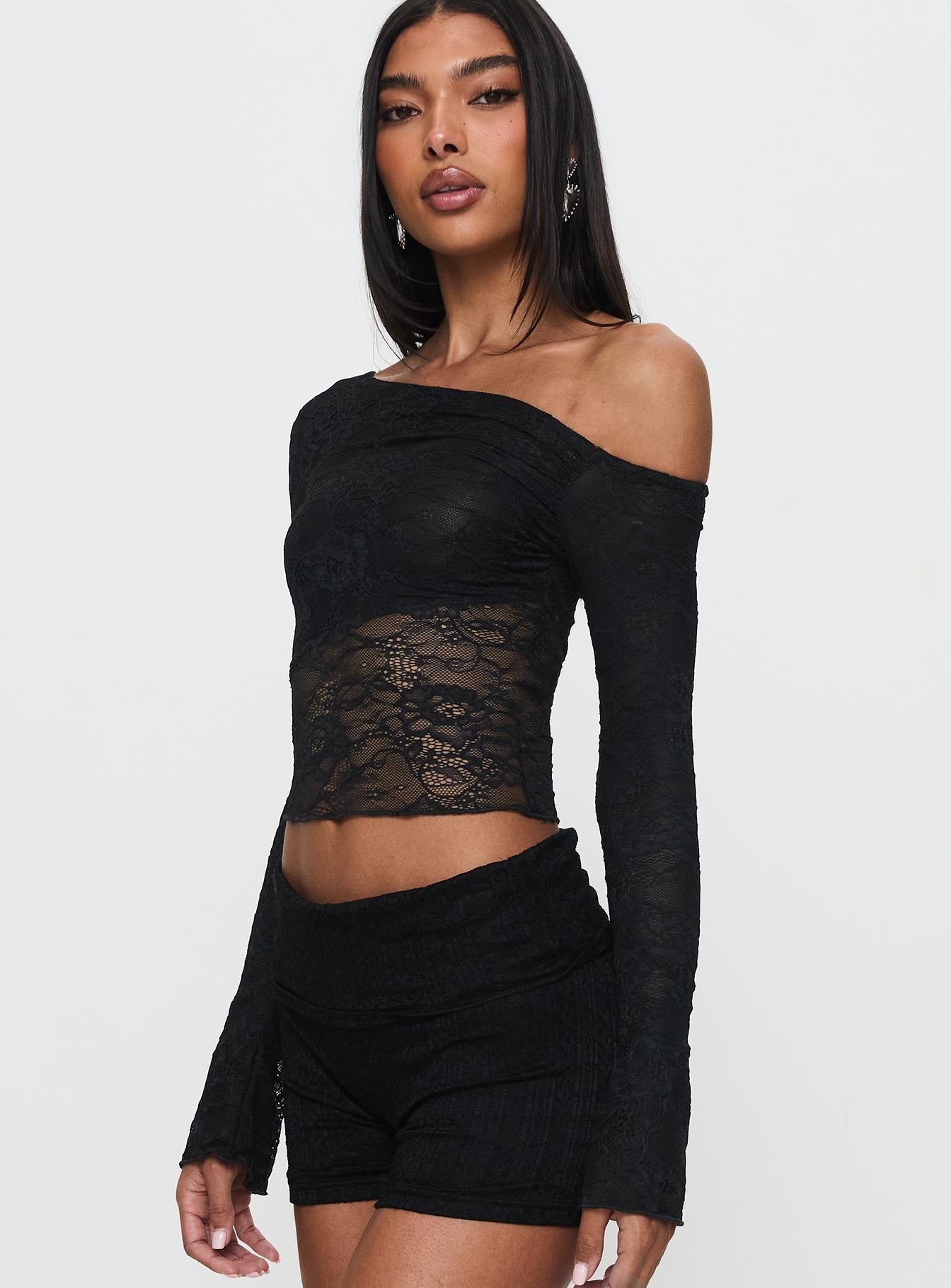 Tiberius Lace Asymmetrical Long Sleeve Top Black - Image 4