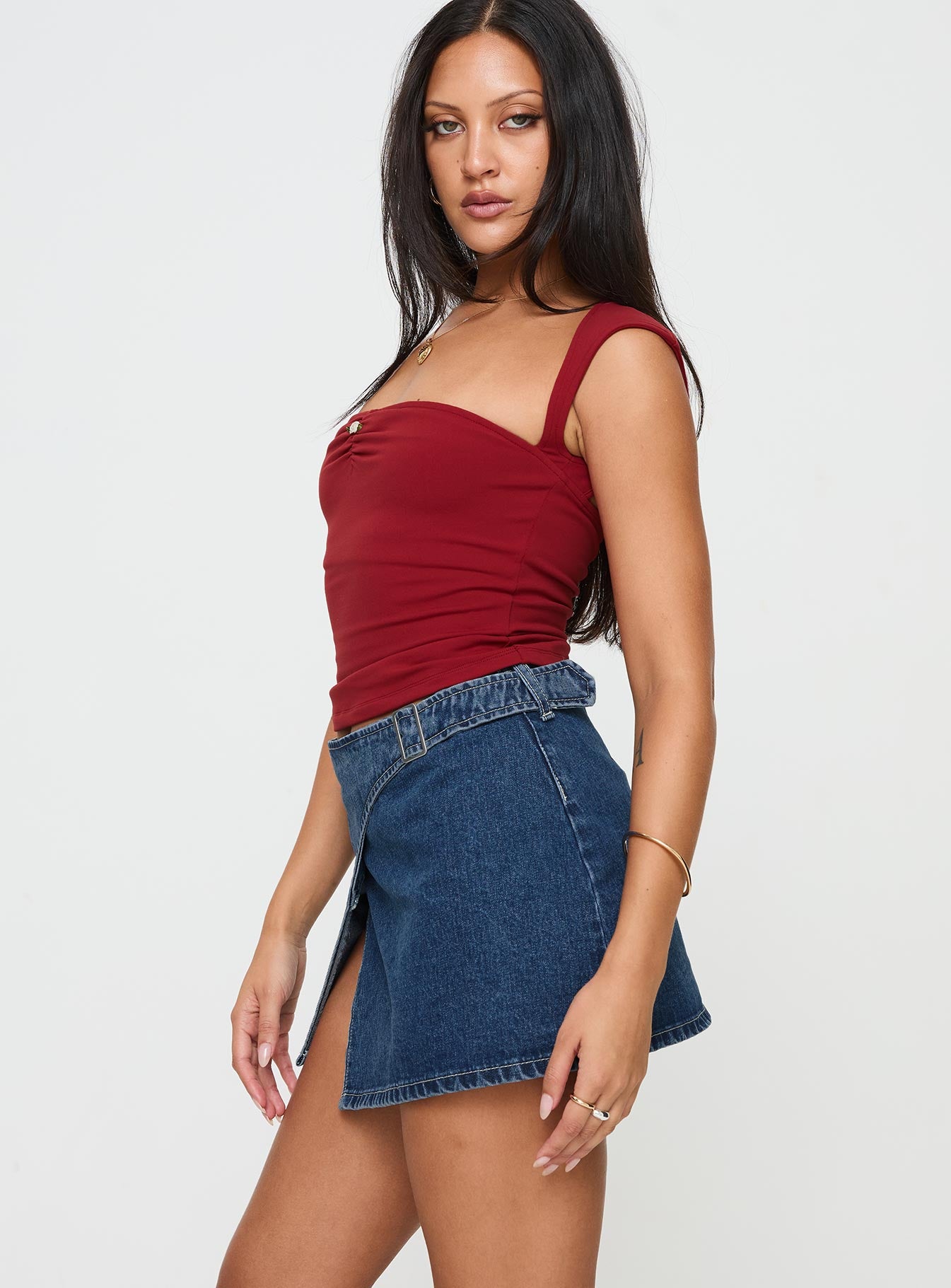 Wait Up Denim Wrap Mini Skirt Mid Wash - Image 4