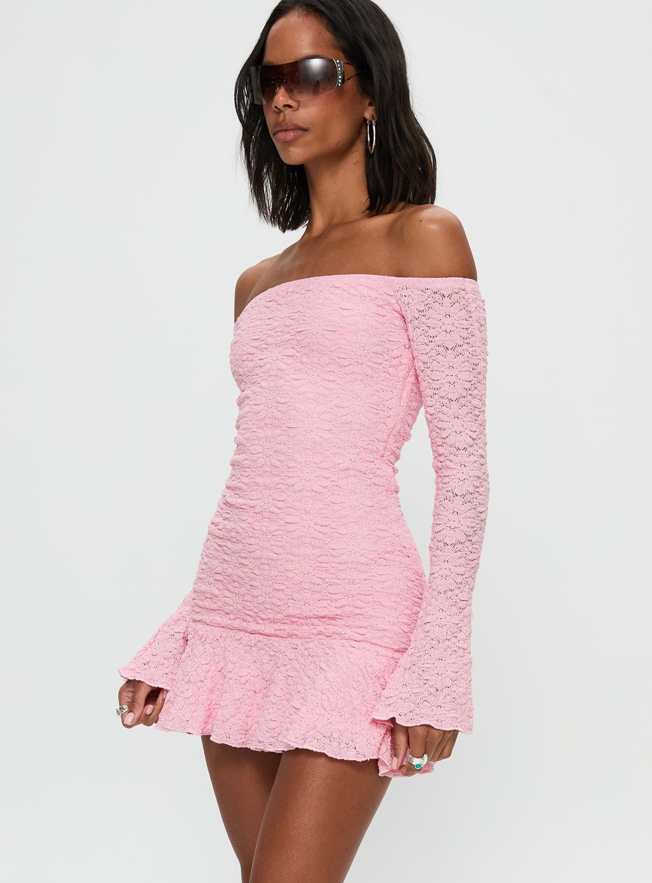 Vancesca Off Shoulder Long Sleeve Mini Dress Pink - Image 4