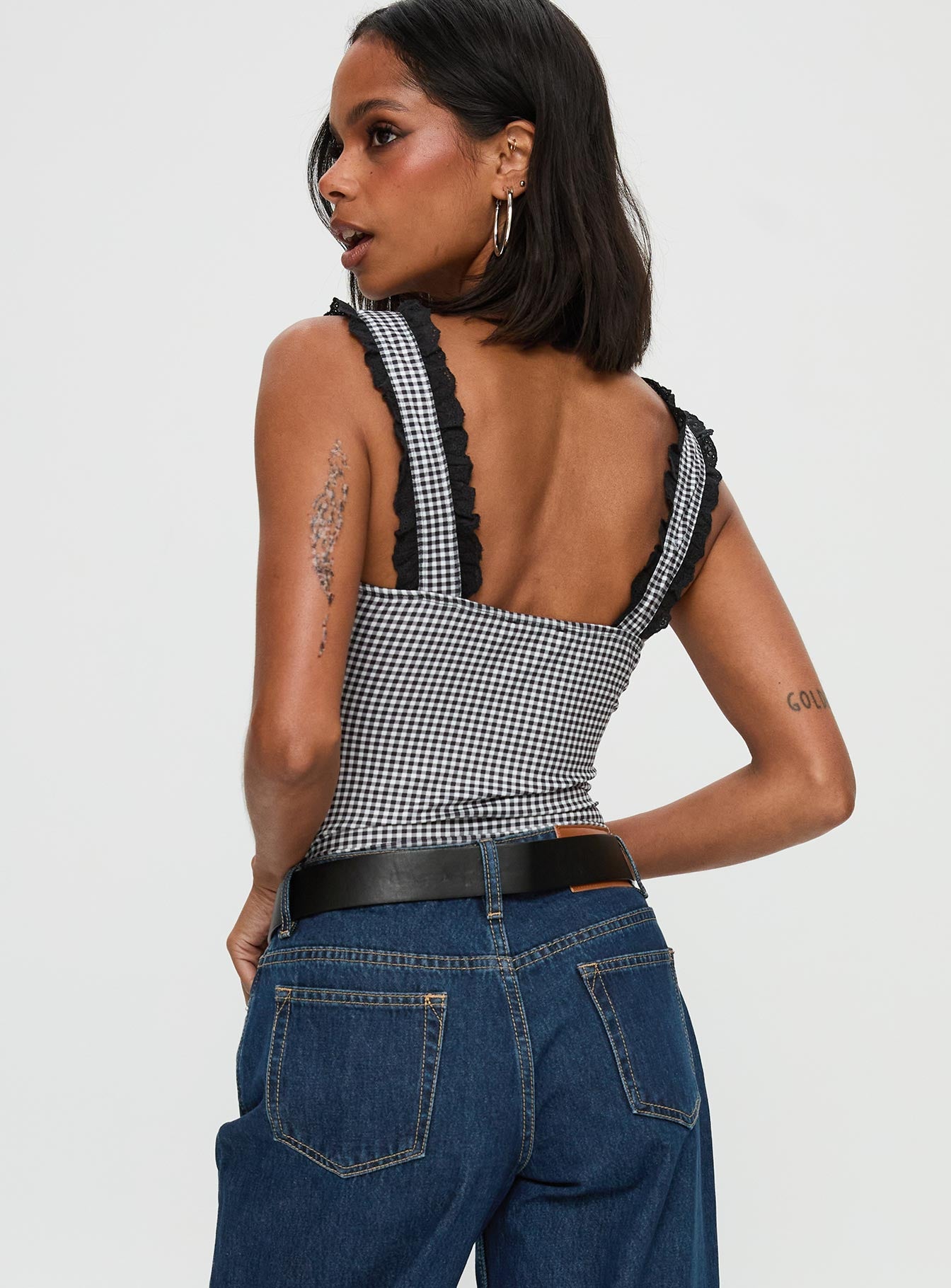 Trustfund Lace Trim Bodysuit Black / White Check - Image 4