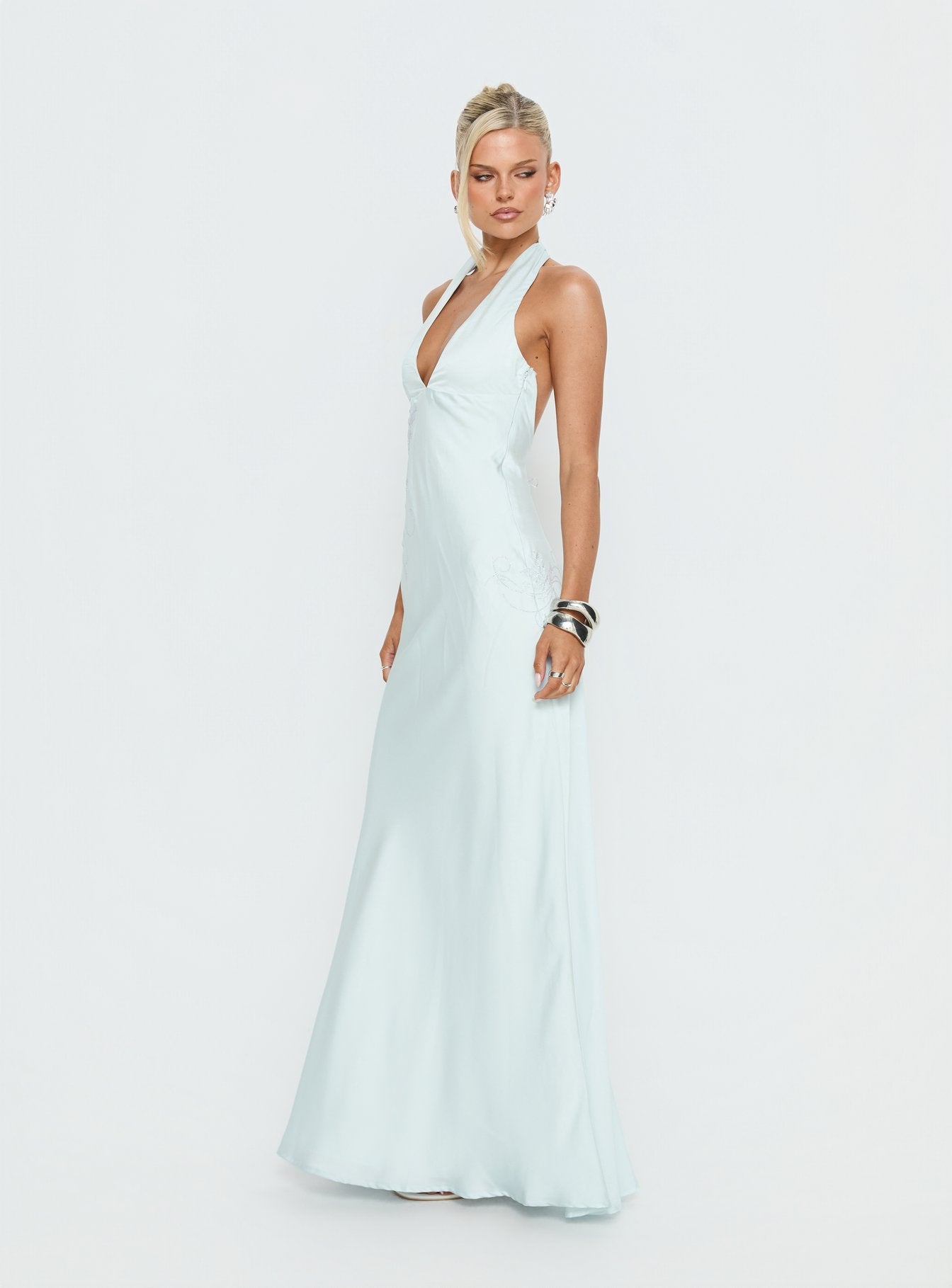 Strawberry Clouds Hotstone Satin Maxi Dress Icy Blue - Image 4
