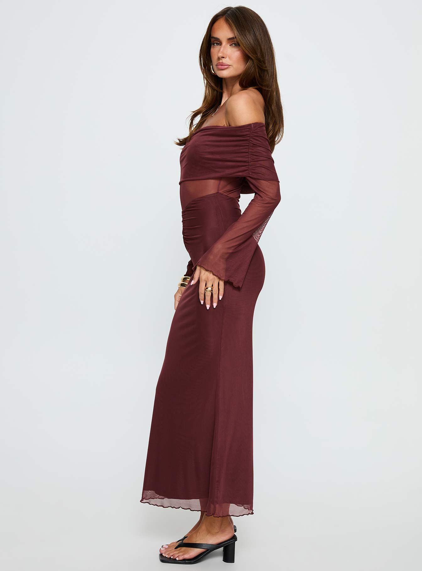 Velouria Off Shoulder Long Sleeve Maxi Dress Brown - Image 4