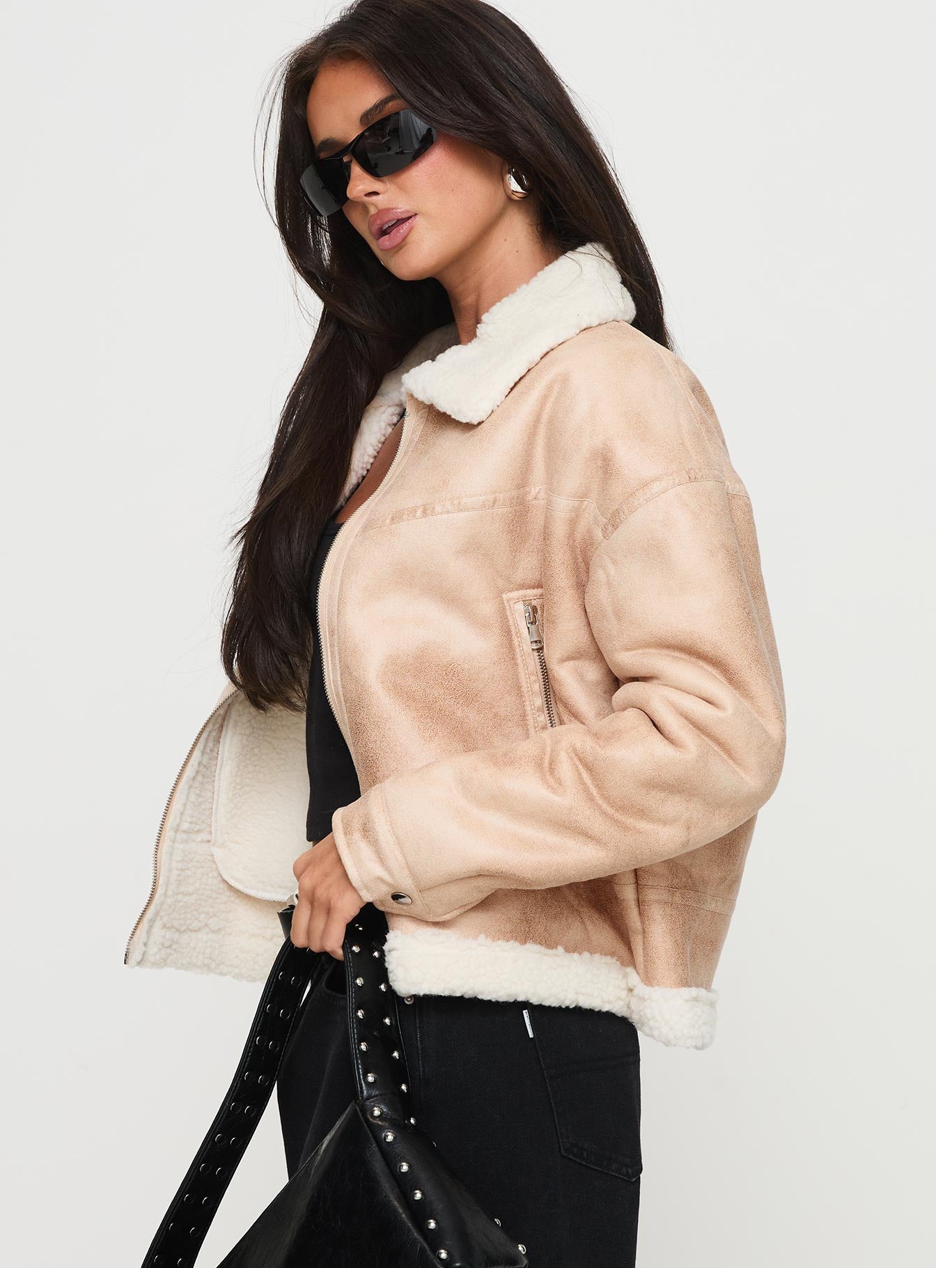 Solara Faux Leather Shearling Jacket Beige - Image 4