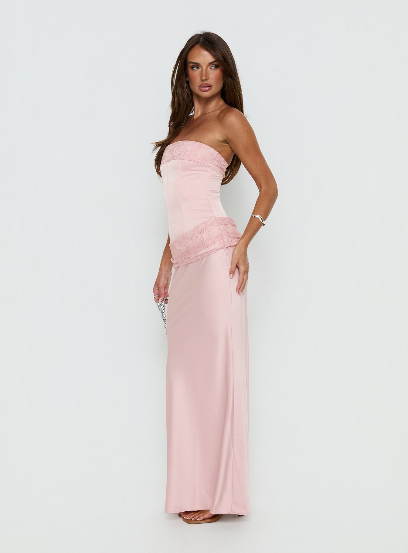 Sura Strapless Lace Detail Maxi Dress Pink - Image 4