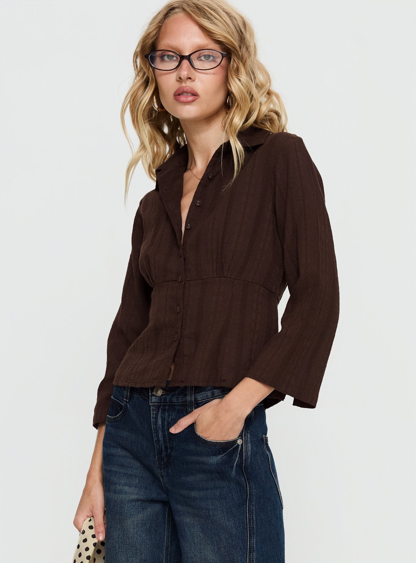 Taelynn 3/4 Sleeve Button Up Shirt Chocolate - Image 4