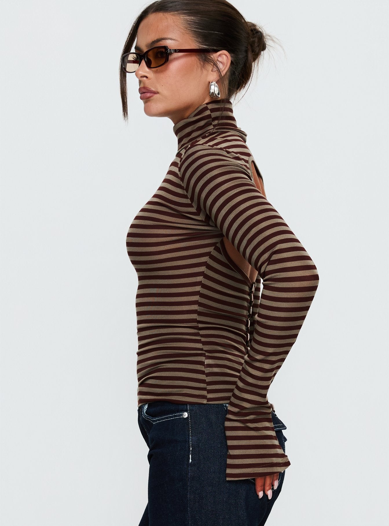Temika Long Sleeve Backless Top Brown Stripe - Image 4