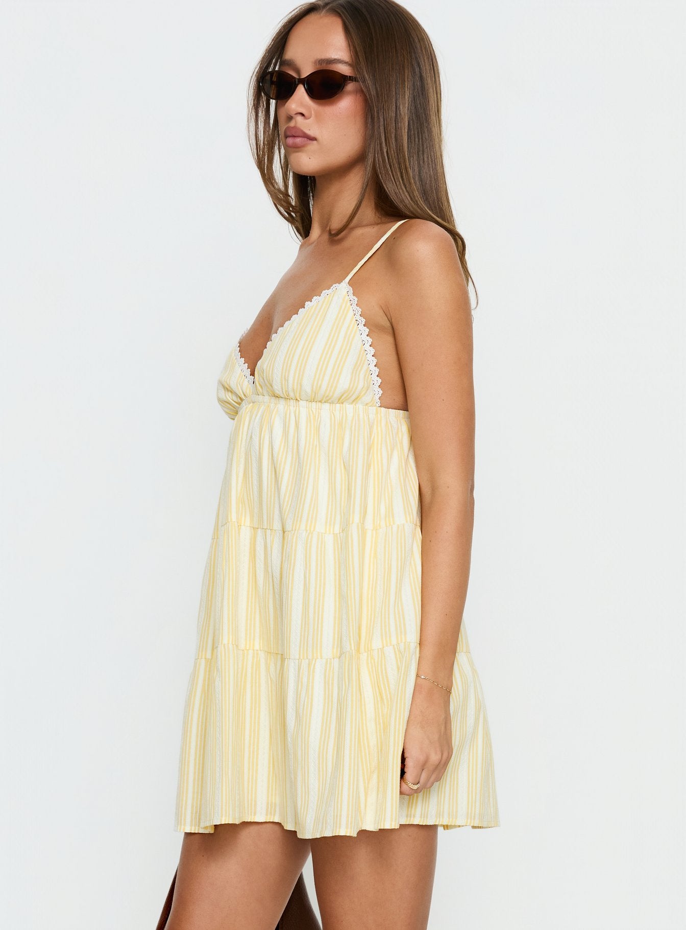 Summer Air V Neck Tiered Mini Dress Yellow - Image 4
