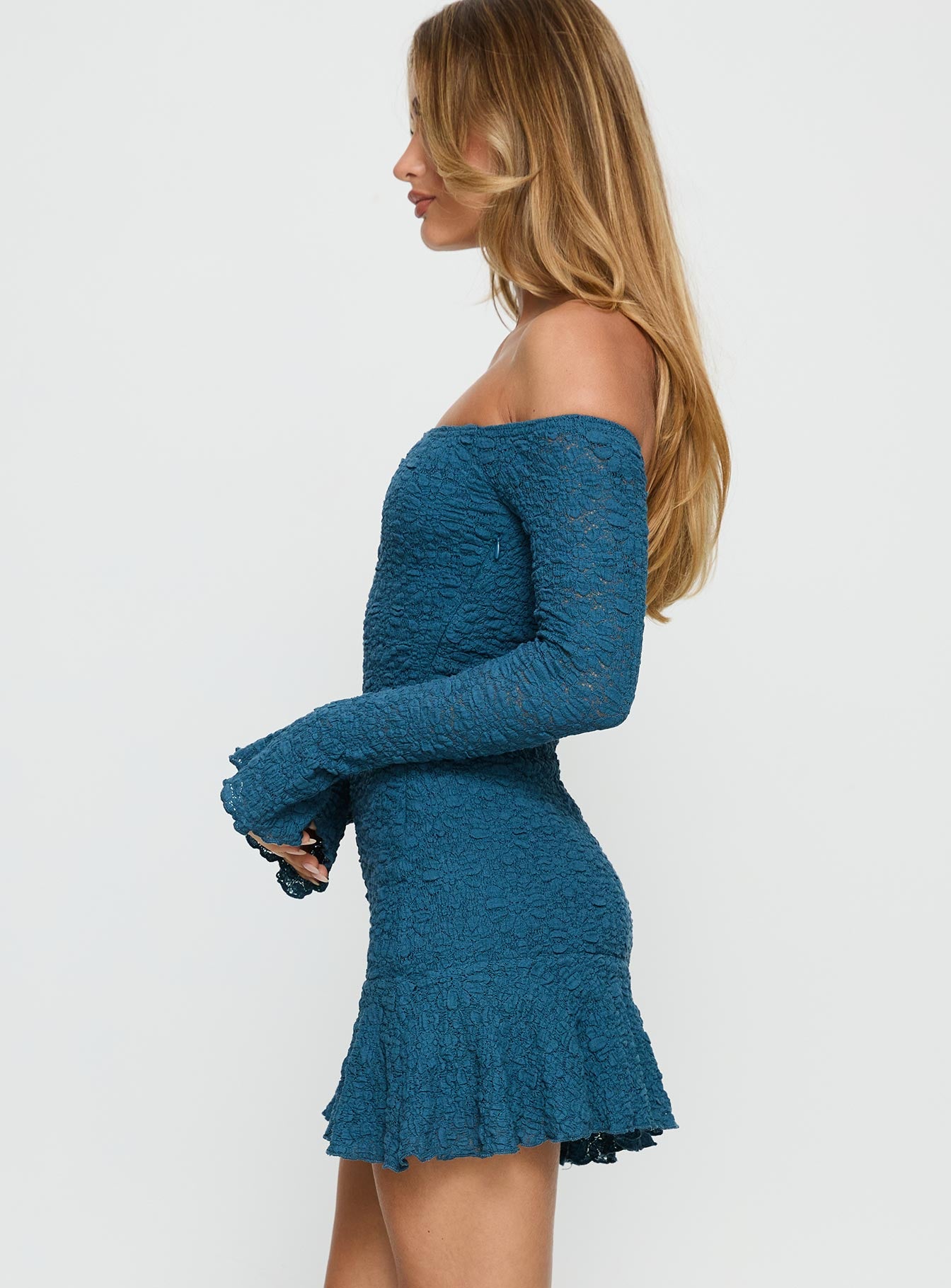 Vancesca Off Shoulder Long Sleeve Mini Dress Navy - Image 3