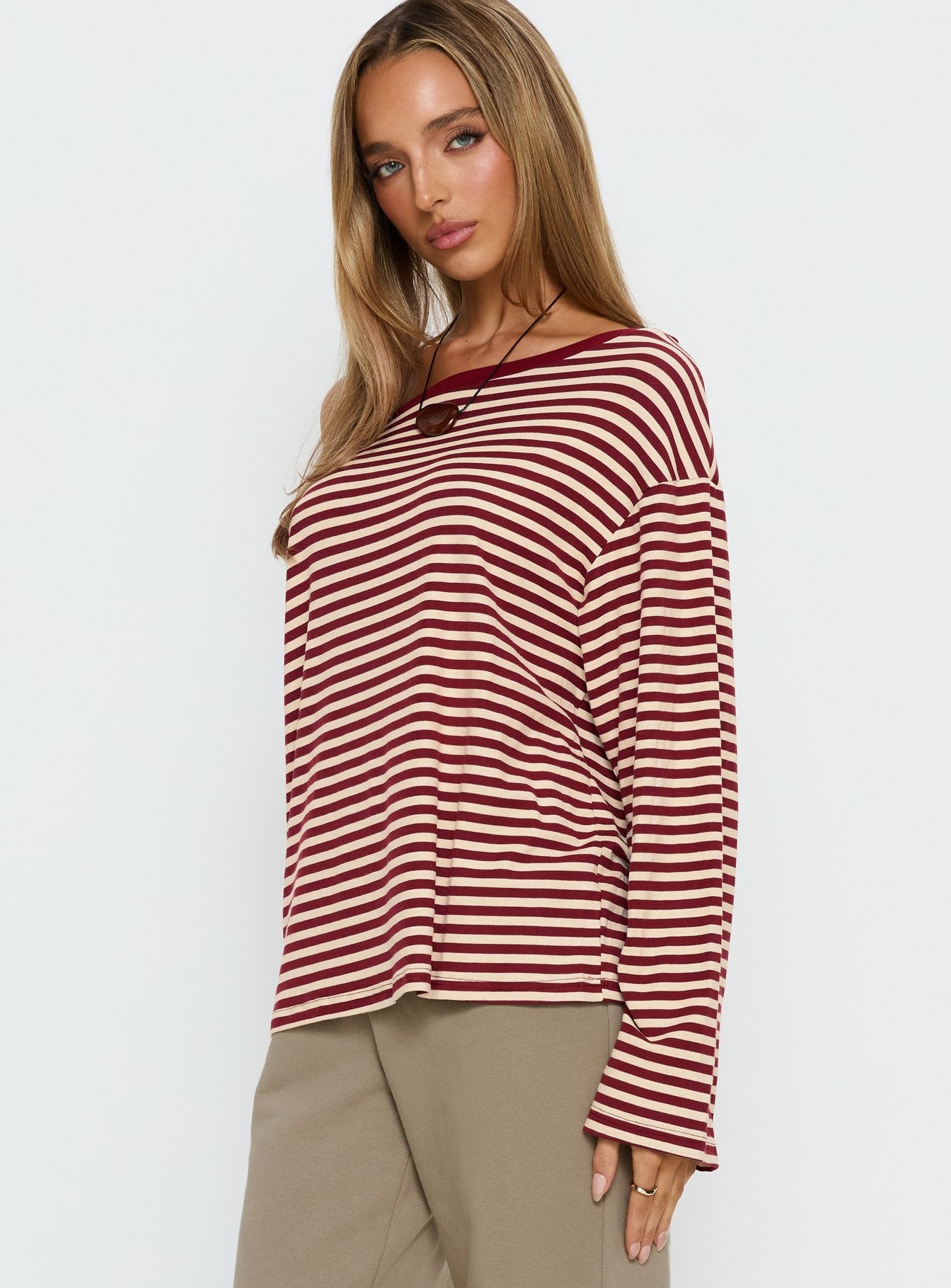 Ralyssa Off Shoulder Long Sleeve Top Red Stripe - Image 4