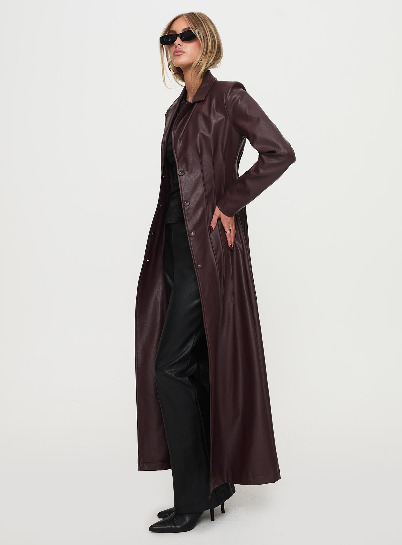 Speak Easy Long Line Faux Leather Coat Burgundy - Image 4