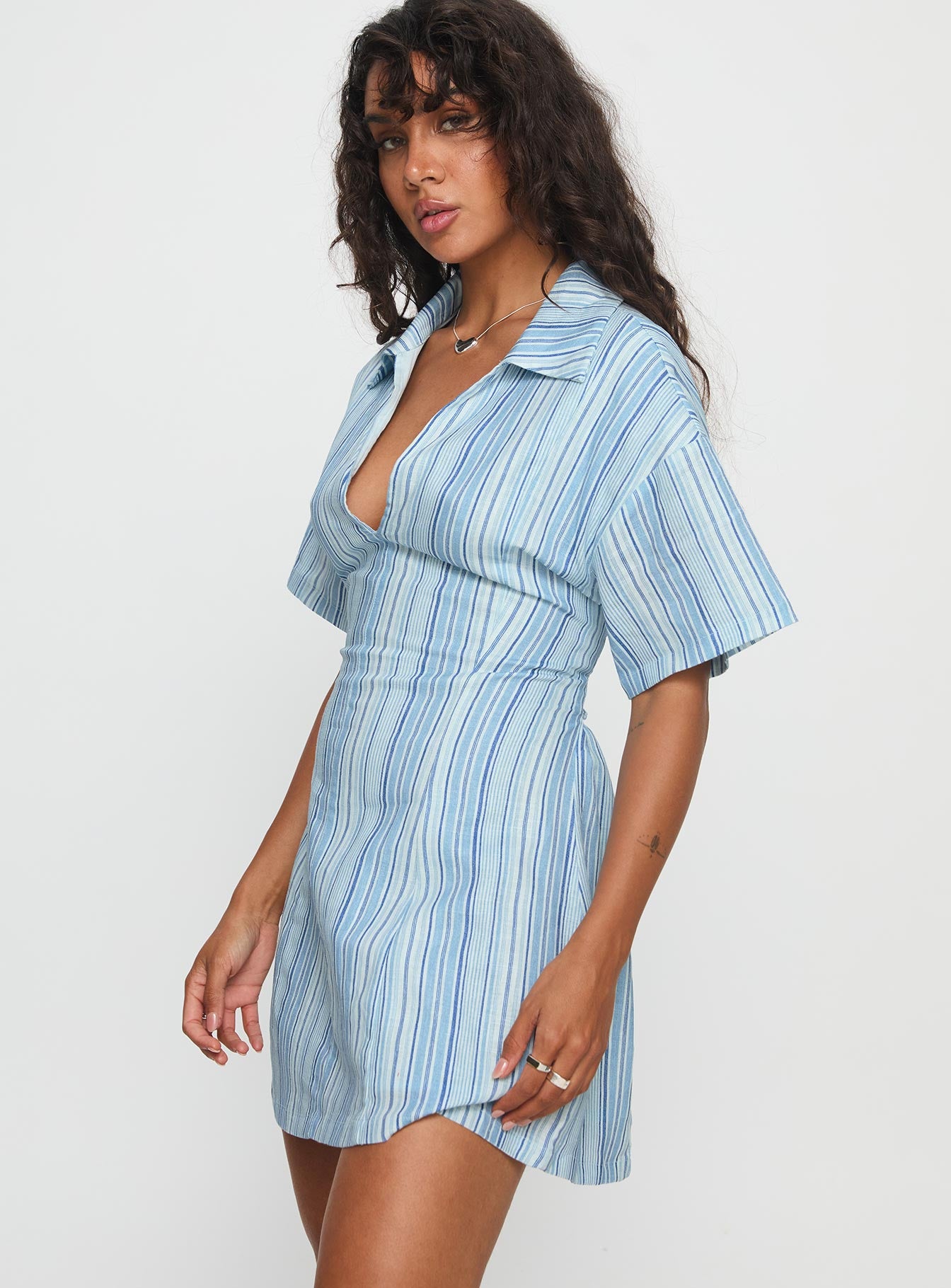 Wylla V Neck Linen Mini Dress Blue Stripe - Image 4