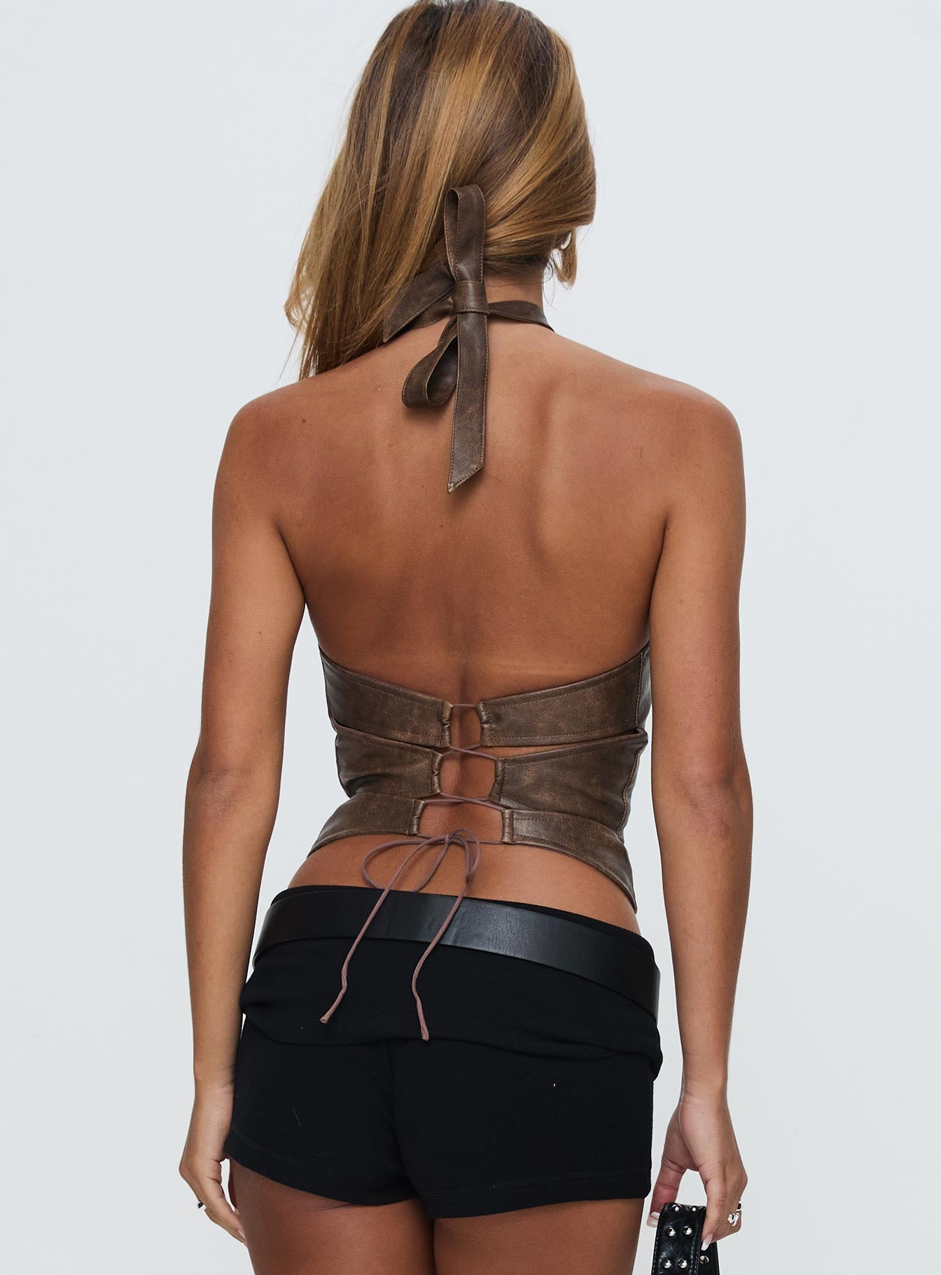 Treat You Better Ring Detail Faux Leather Top Brown - Image 5