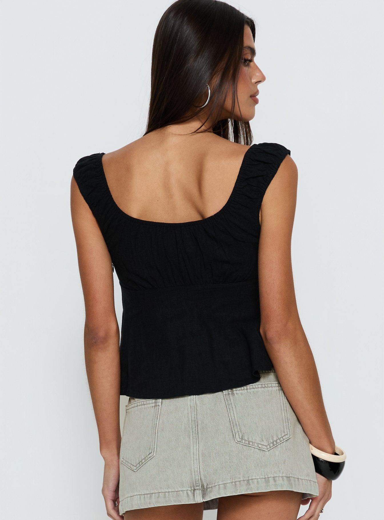 With Pleasure Puff Sleeve Linen Blouse Top Black - Image 4