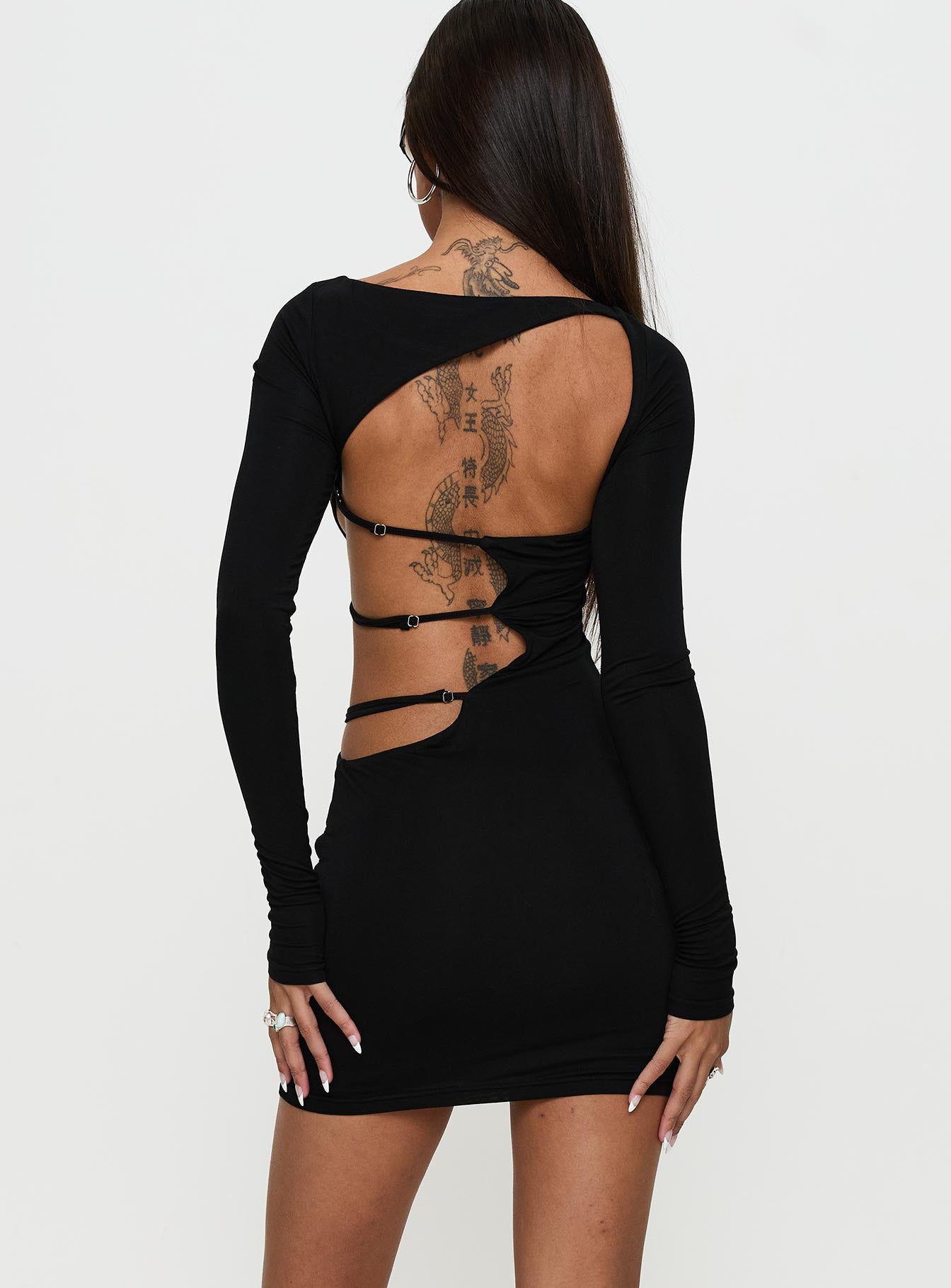 Rowin Long Sleeve Cut Out Mini Dress Black - Image 5