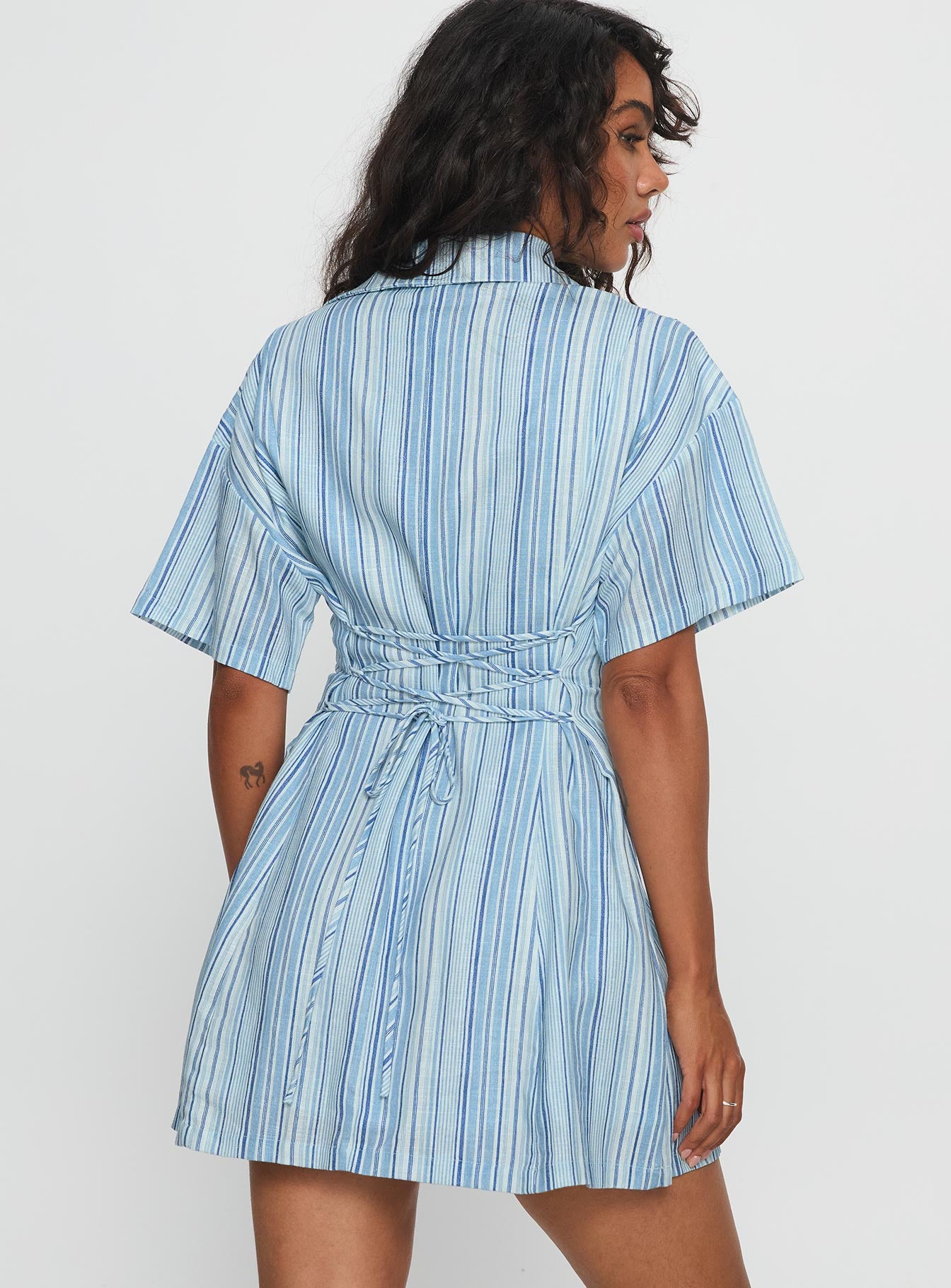 Wylla V Neck Linen Mini Dress Blue Stripe - Image 5