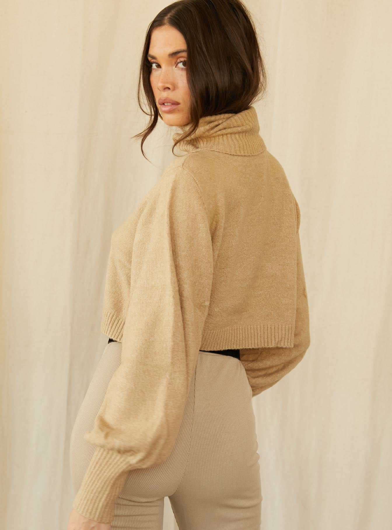 Zahara Cropped Turtleneck Sweater Beige - Image 2