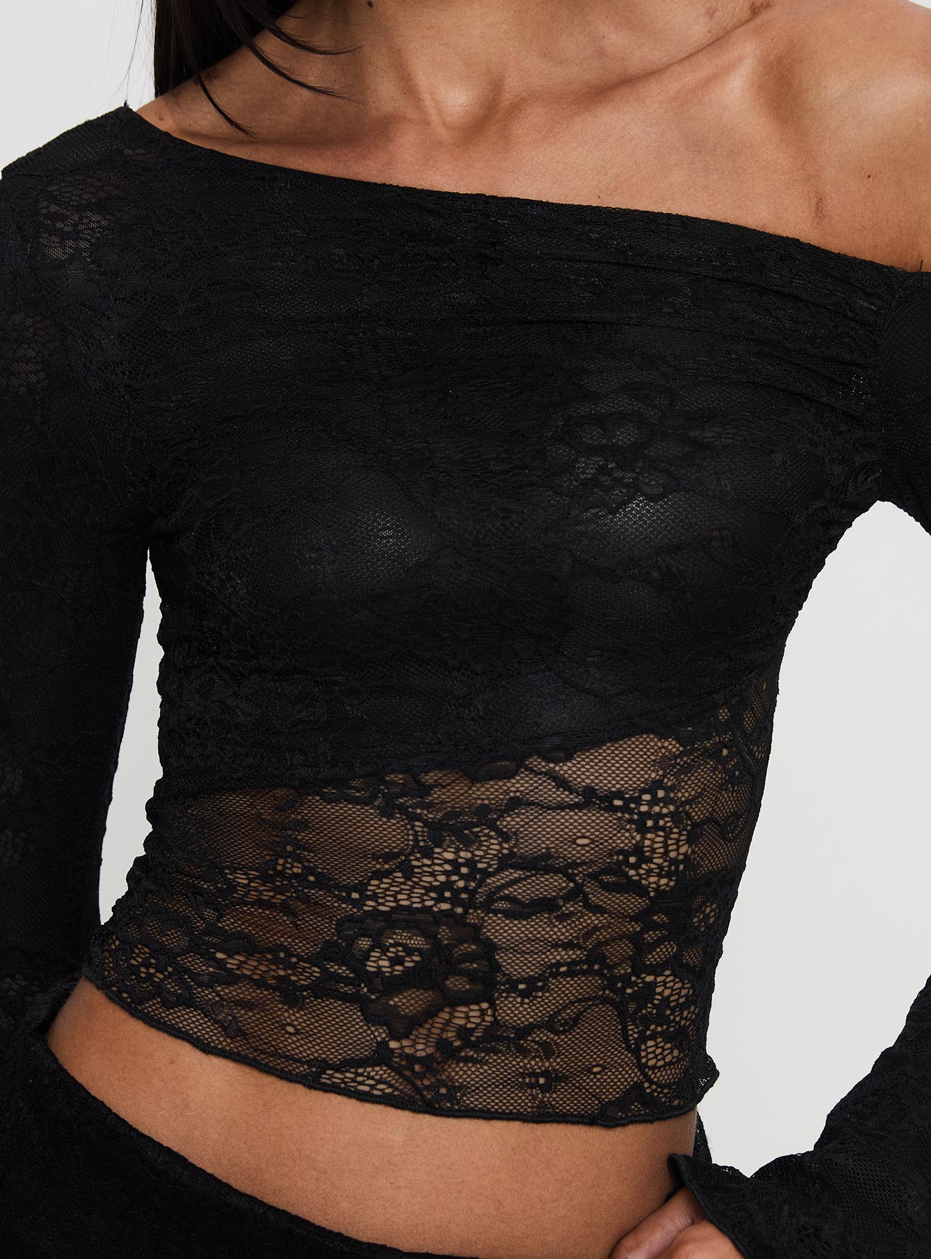 Tiberius Lace Asymmetrical Long Sleeve Top Black - Image 6