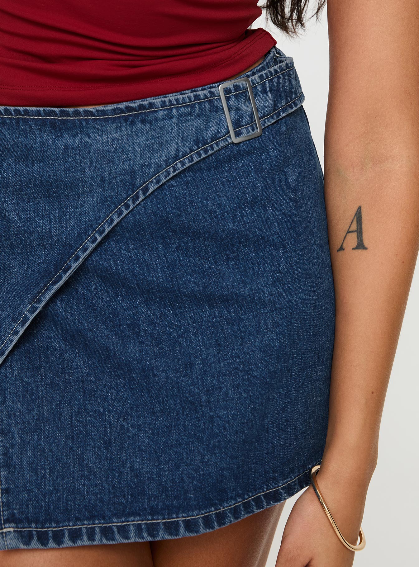 Wait Up Denim Wrap Mini Skirt Mid Wash - Image 6