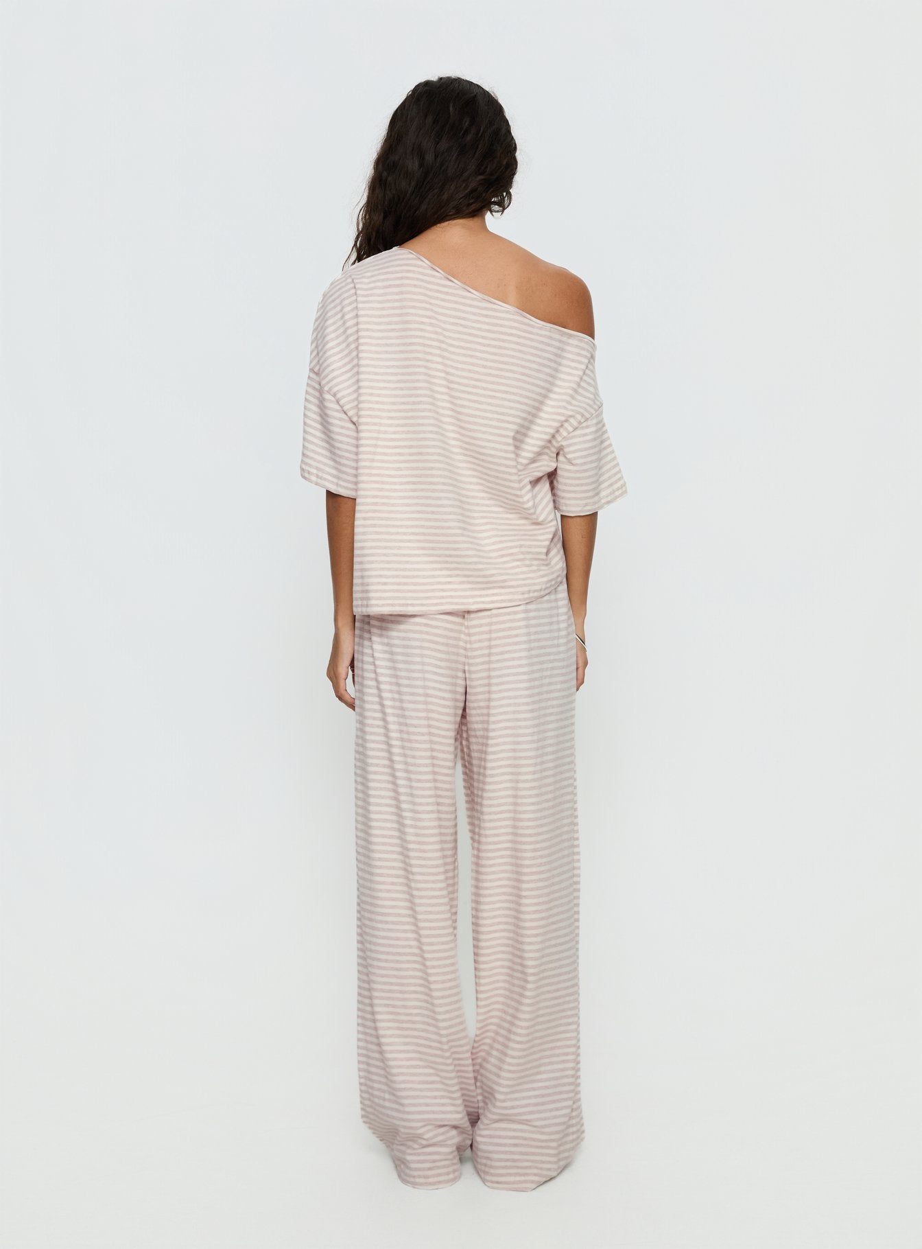 Tobie Off Shoulder Sleep Set Beige Stripe - Image 6