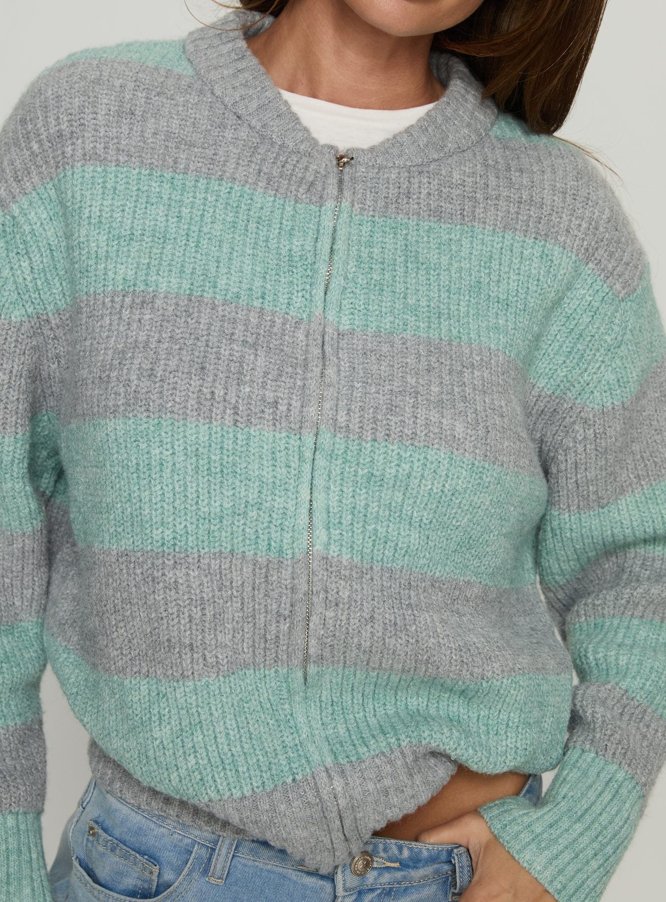 Queena Zip Through Knit Sweater Grey / Blue Stripe - Image 6