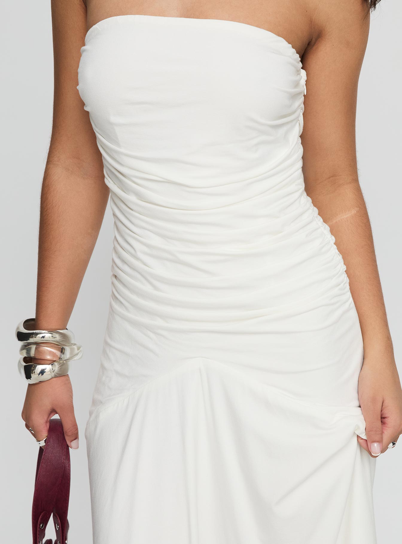 Rienna Strapless Asymmetrical Midi Dress White - Image 6