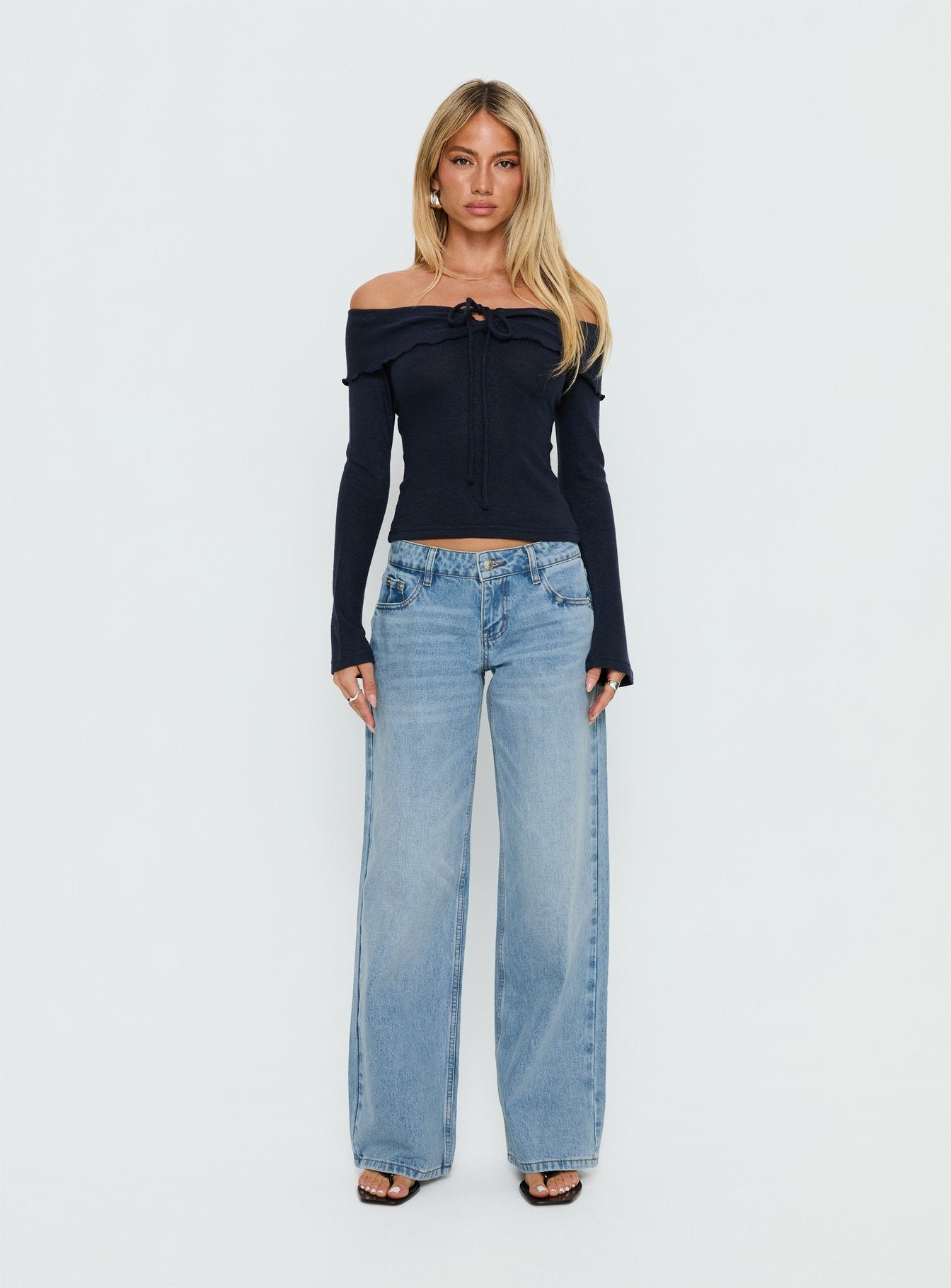 Sevanna Off Shoulder Long Sleeve Top Navy - Image 6