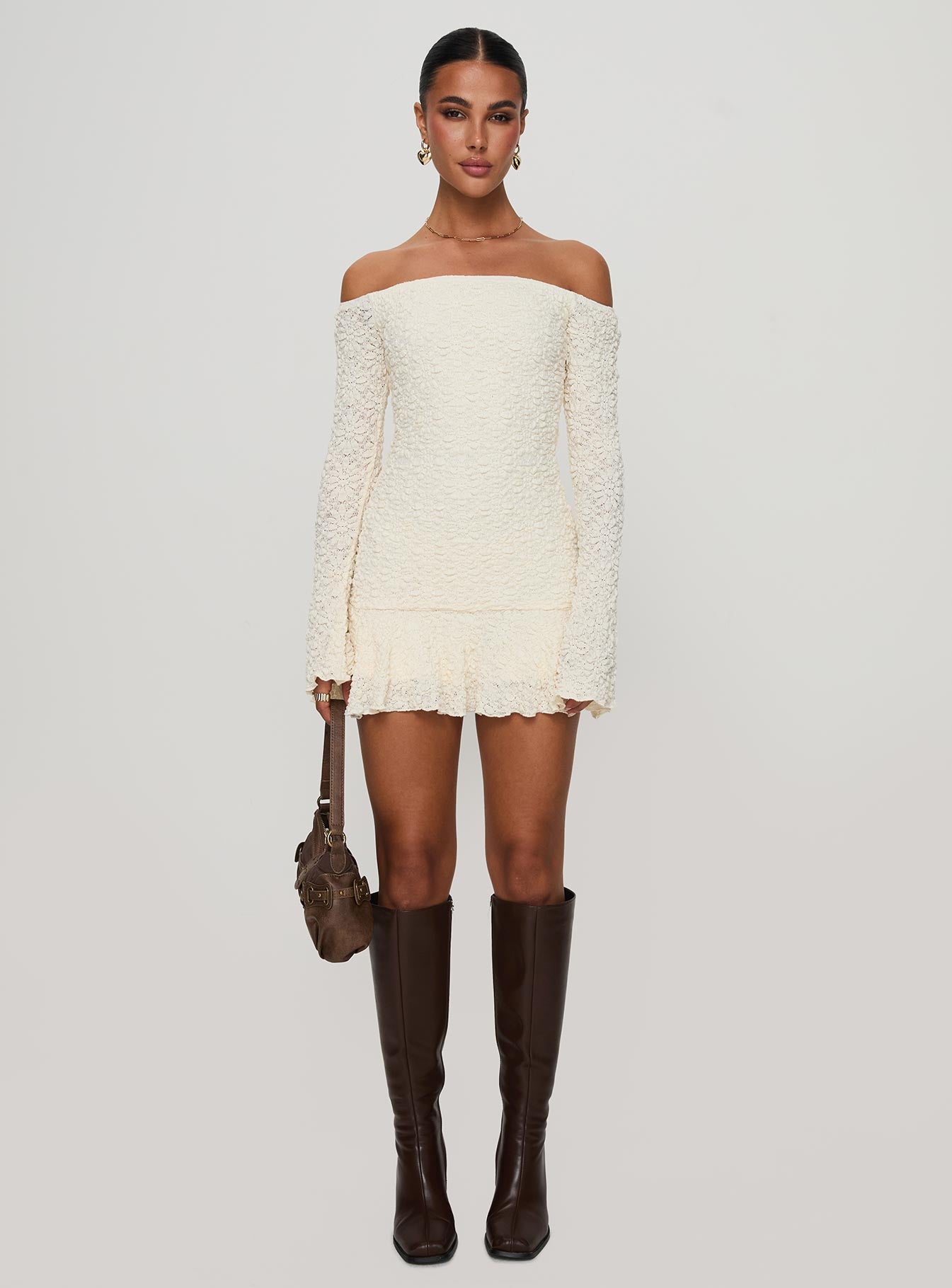 Vancesca Off Shoulder Long Sleeve Mini Dress Cream - Image 7