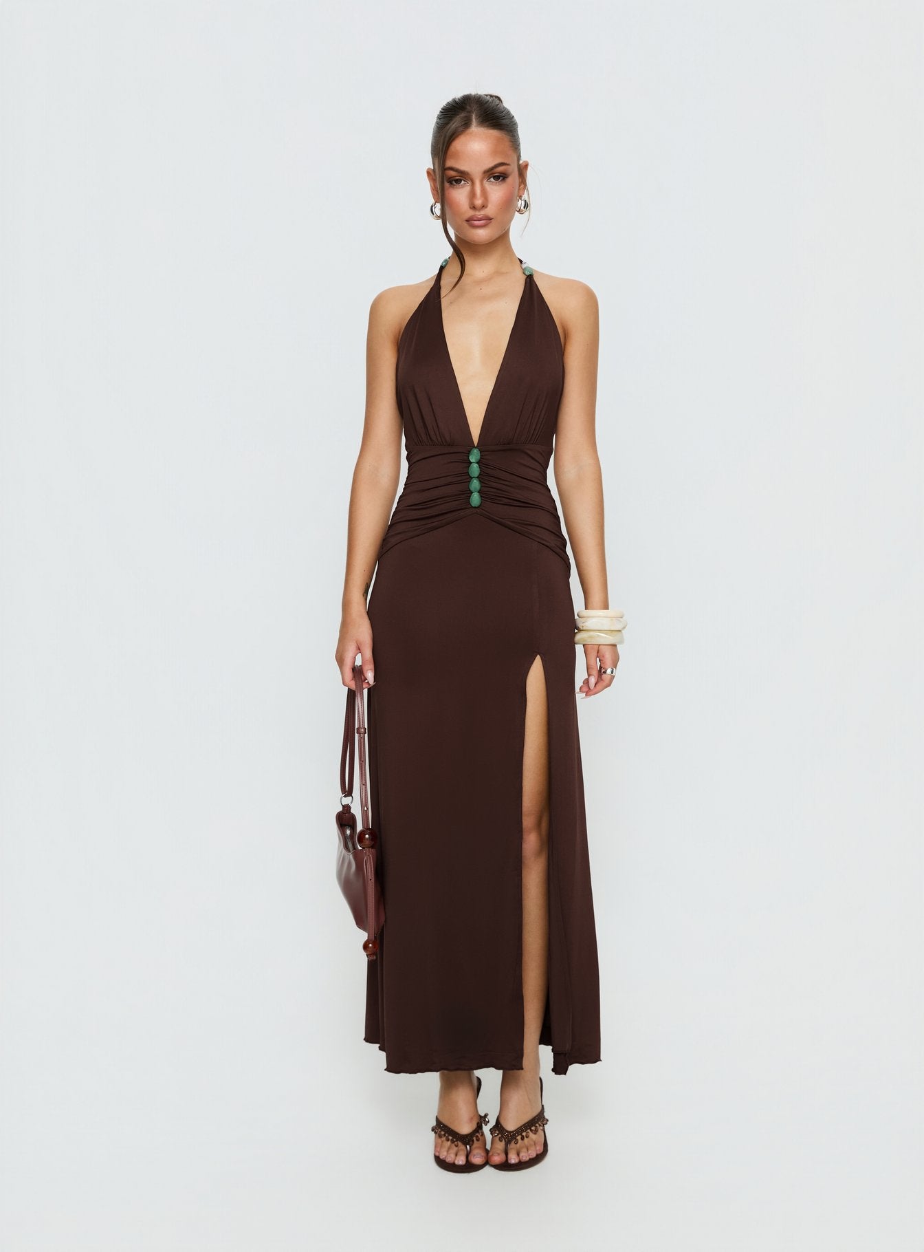 Sasami Halter Plunge Maxi Dress Chocolate - Image 7
