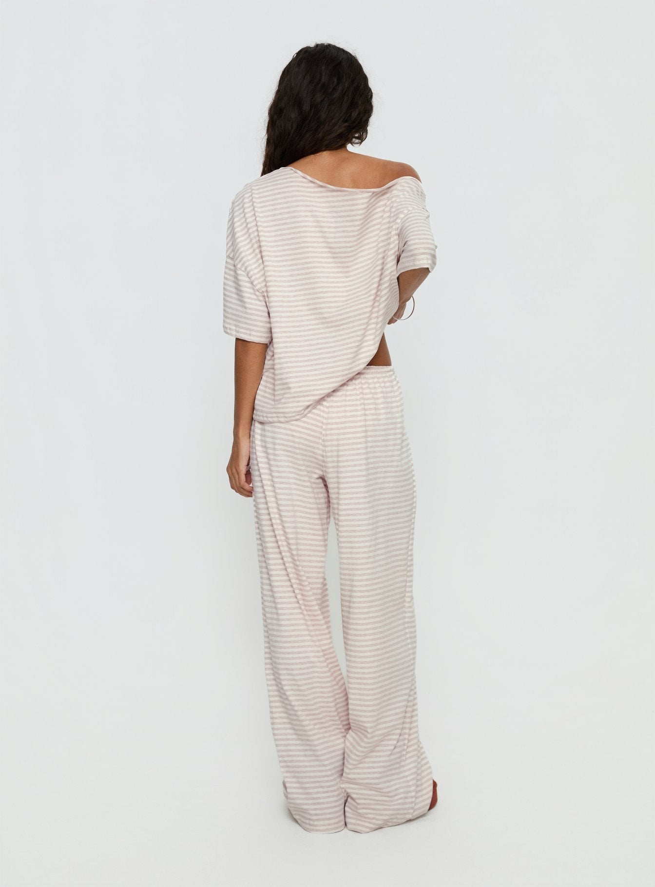 Tobie Off Shoulder Sleep Set Beige Stripe - Image 7