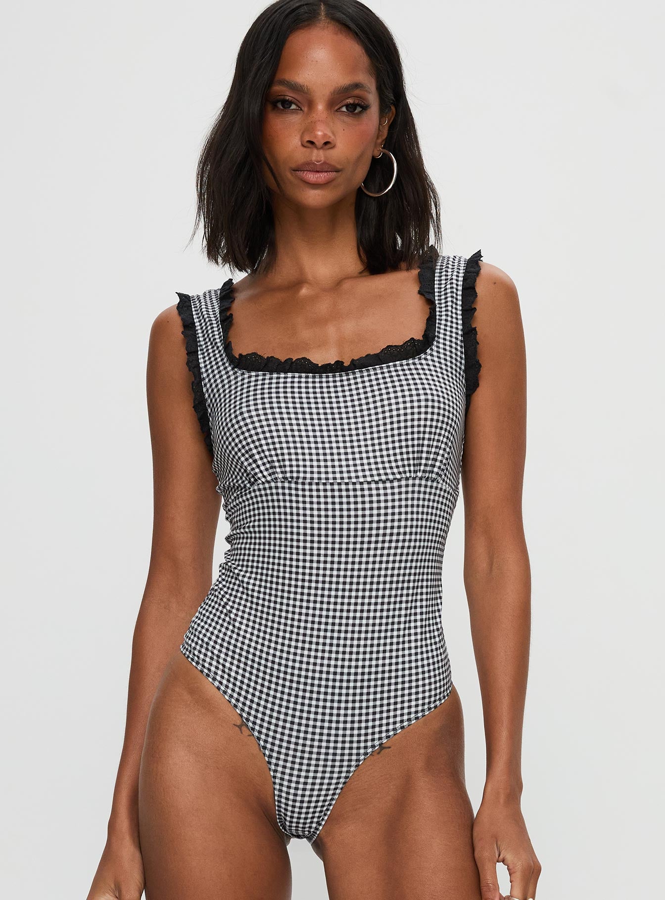 Trustfund Lace Trim Bodysuit Black / White Check - Image 7