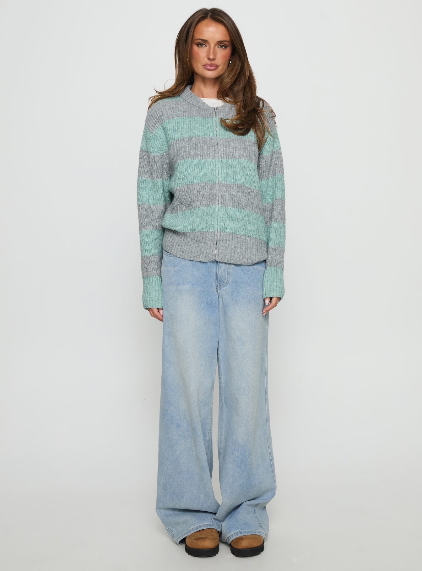 Queena Zip Through Knit Sweater Grey / Blue Stripe - Image 7