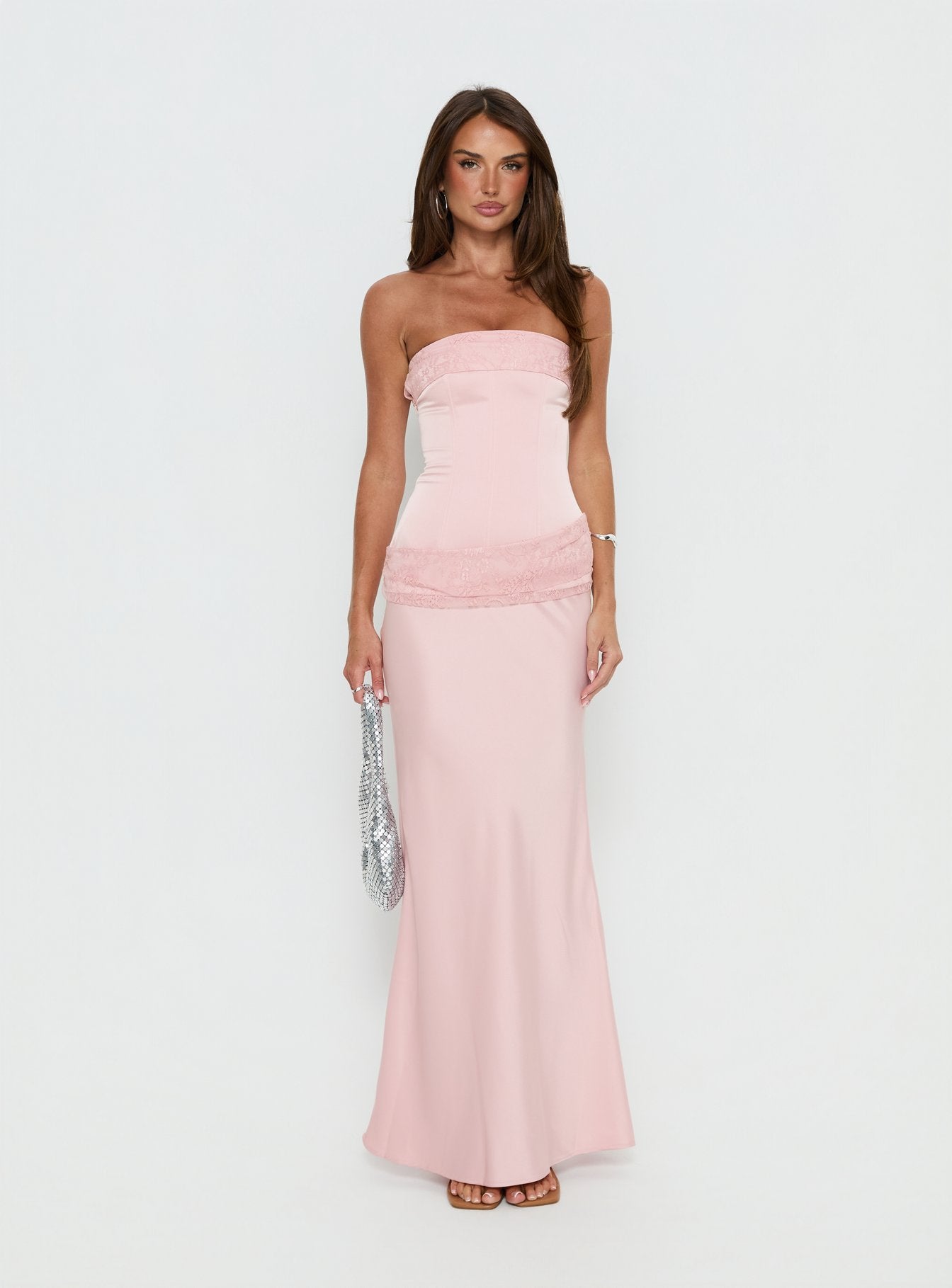 Sura Strapless Lace Detail Maxi Dress Pink - Image 7