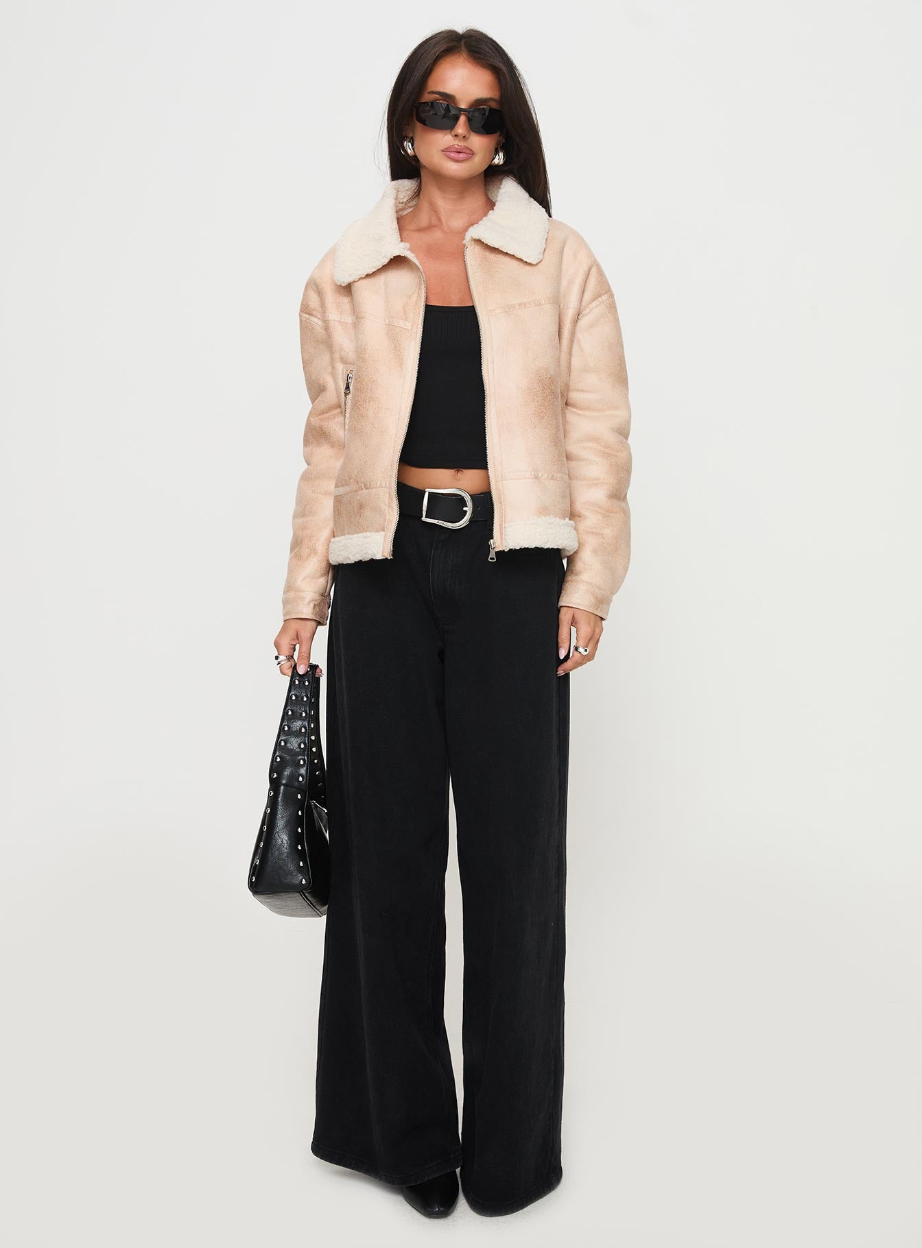 Solara Faux Leather Shearling Jacket Beige - Image 7