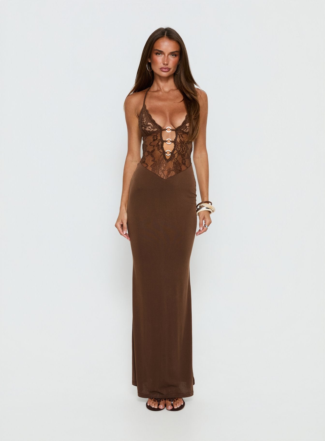 Totema Lace Halter Maxi Dress Chocolate - Image 7