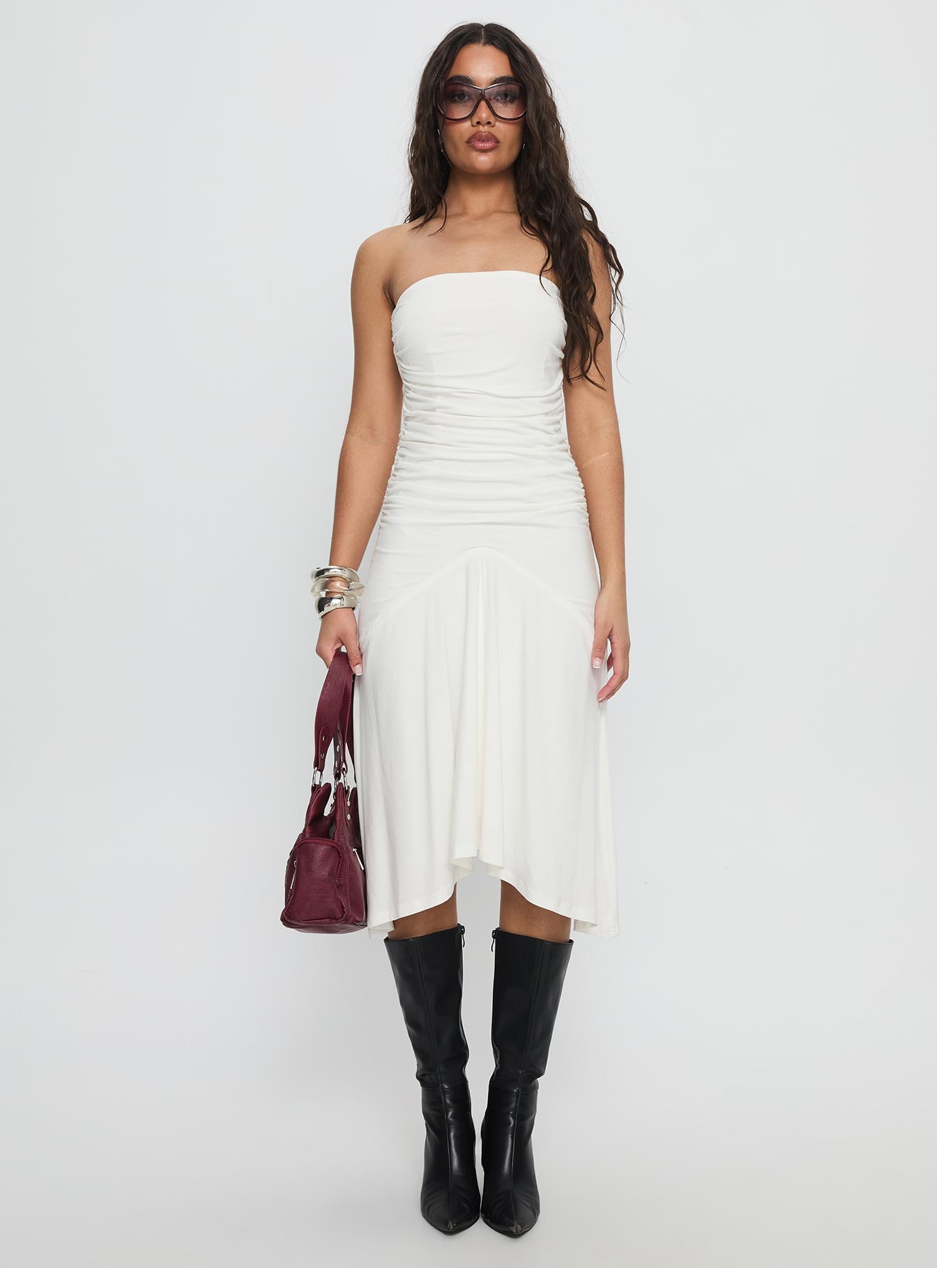 Rienna Strapless Asymmetrical Midi Dress White - Image 7