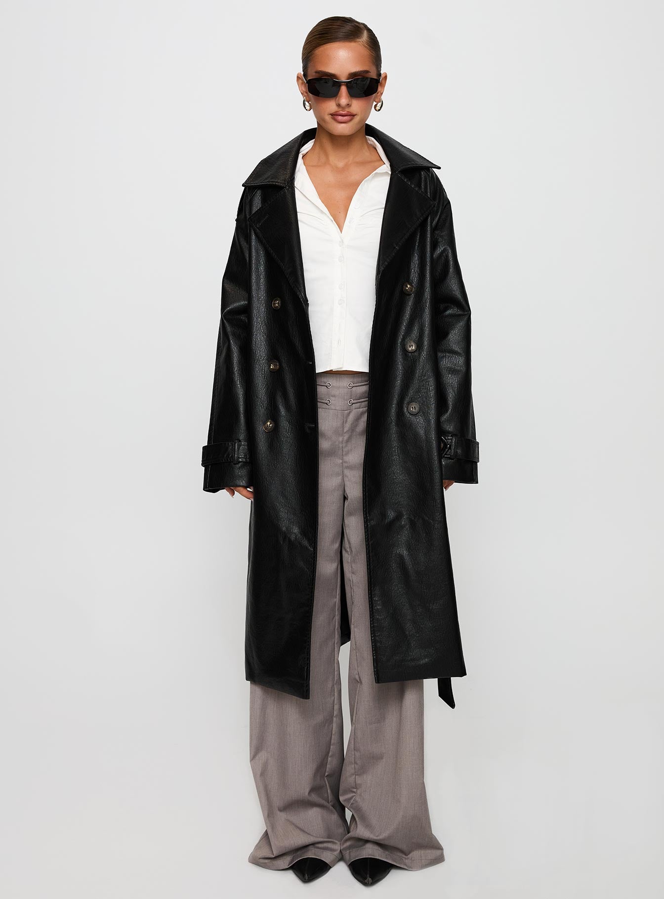 Think Later Faux Leather Trench Coat Black - Image 7