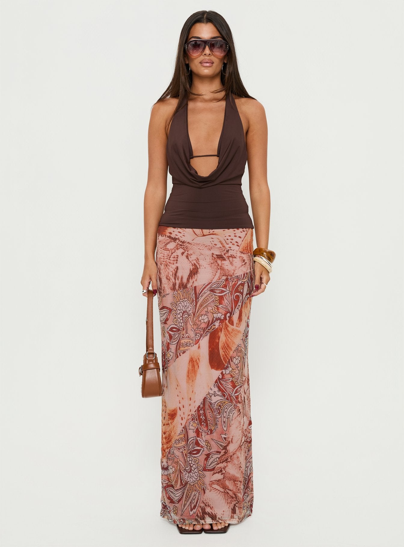 Xylia Plunge Neck Tie Back Top Chocolate - Image 7