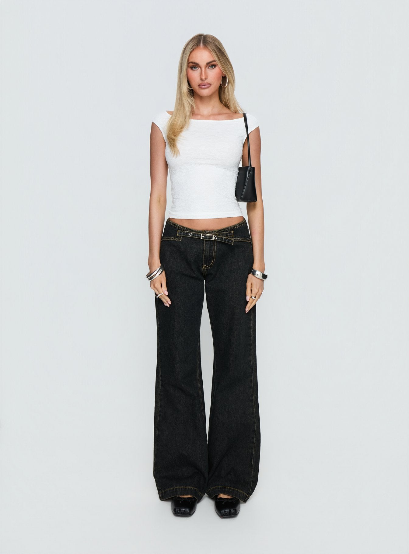 Slow Ride Mid Rise Bootleg Belted Jeans Grunge Wash - Image 7