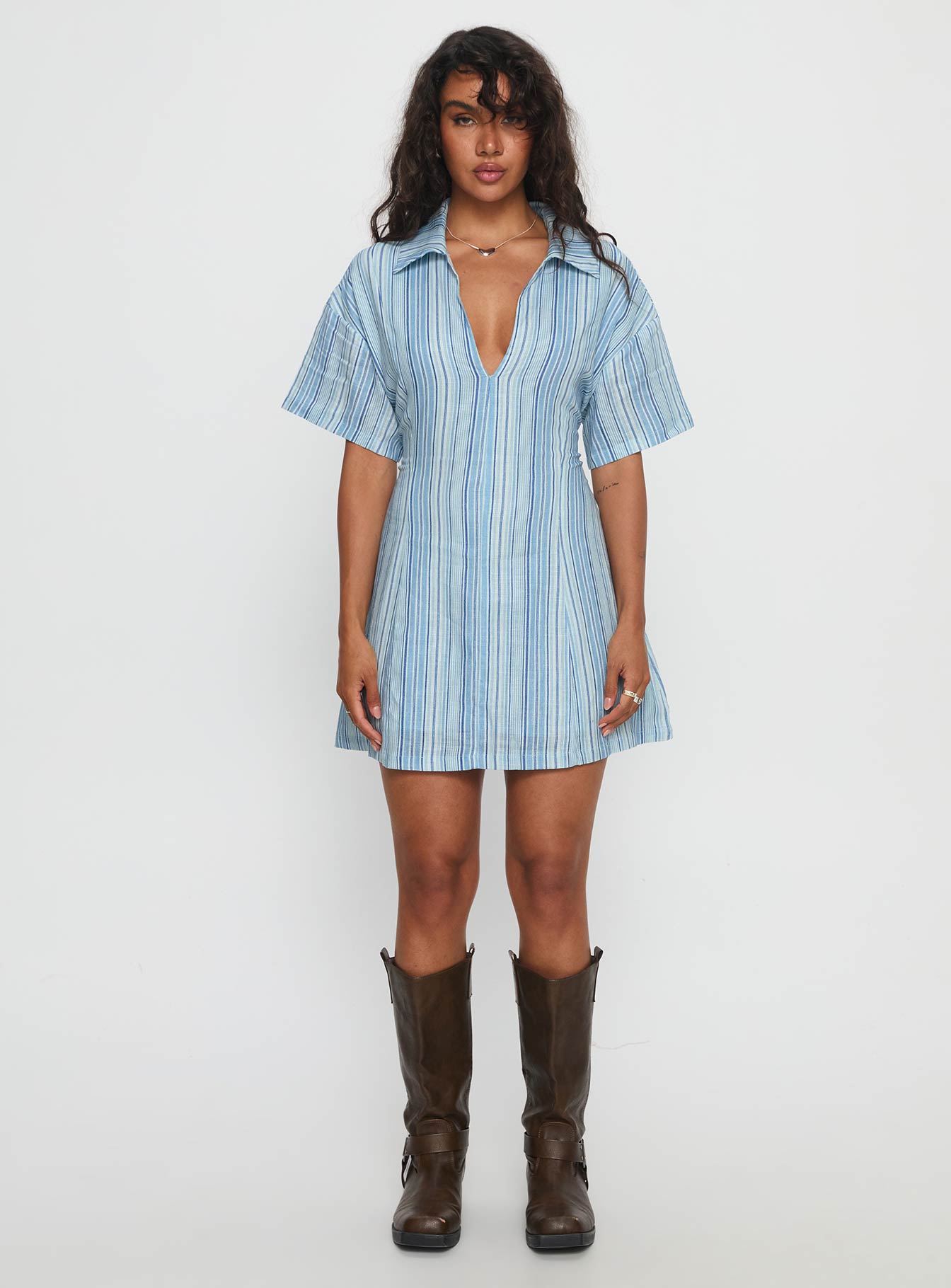 Wylla V Neck Linen Mini Dress Blue Stripe - Image 7