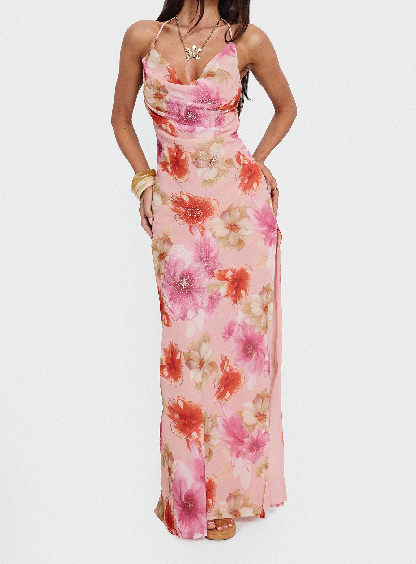 Sibellah Beaded Cowl Neck Maxi Dress Pink Multi - Image 8