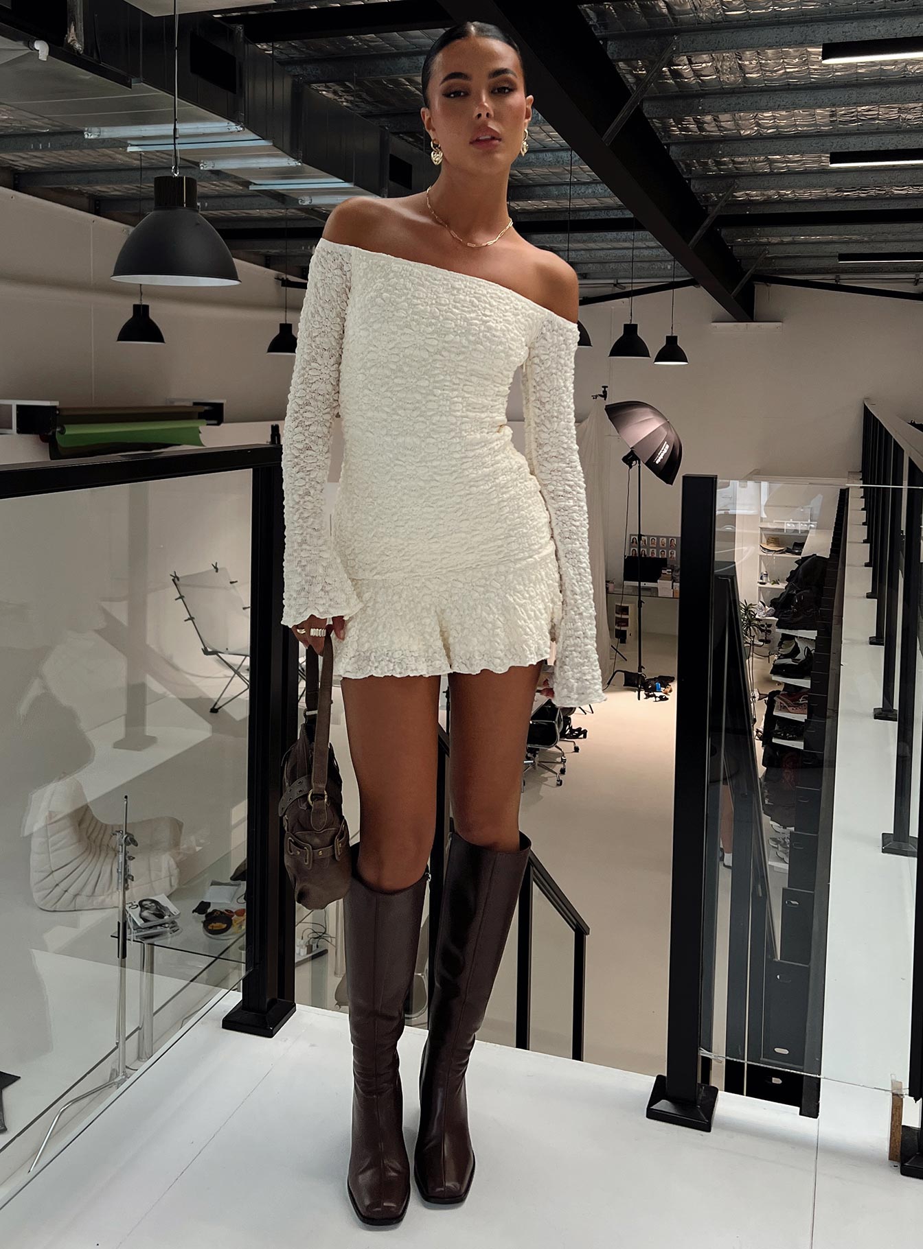 Vancesca Off Shoulder Long Sleeve Mini Dress Cream - Image 8