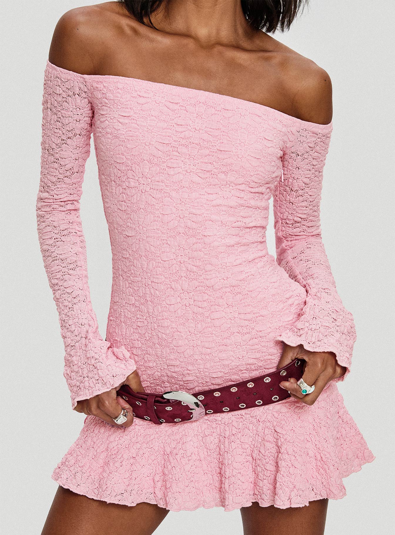 Vancesca Off Shoulder Long Sleeve Mini Dress Pink - Image 8