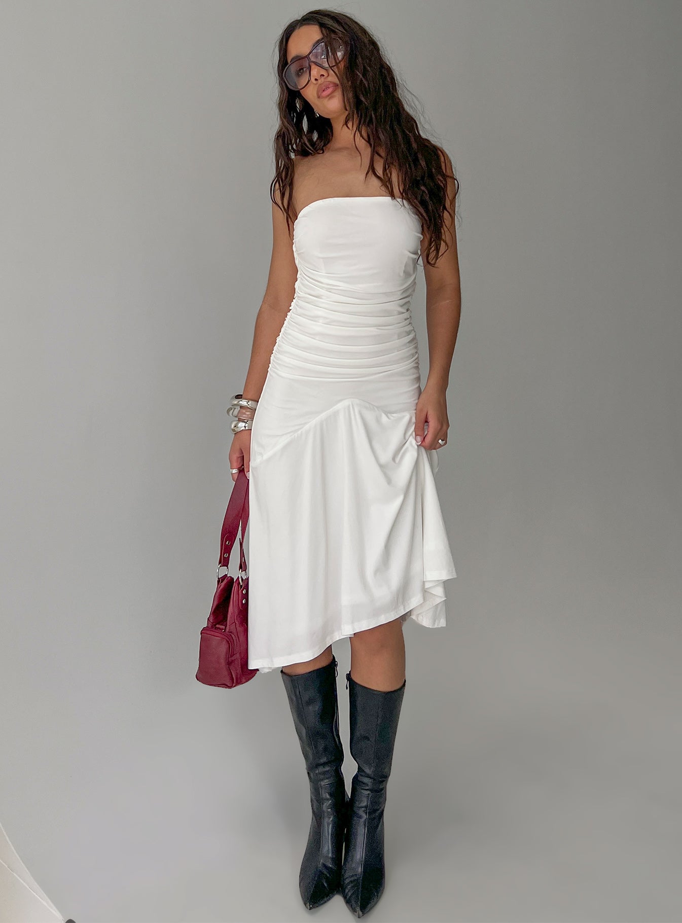 Rienna Strapless Asymmetrical Midi Dress White - Image 8