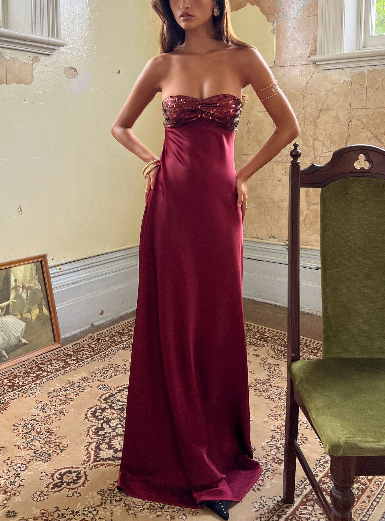 See The Vision Sequin Bust Strapless Maxi Dress Burgundy - Image 8