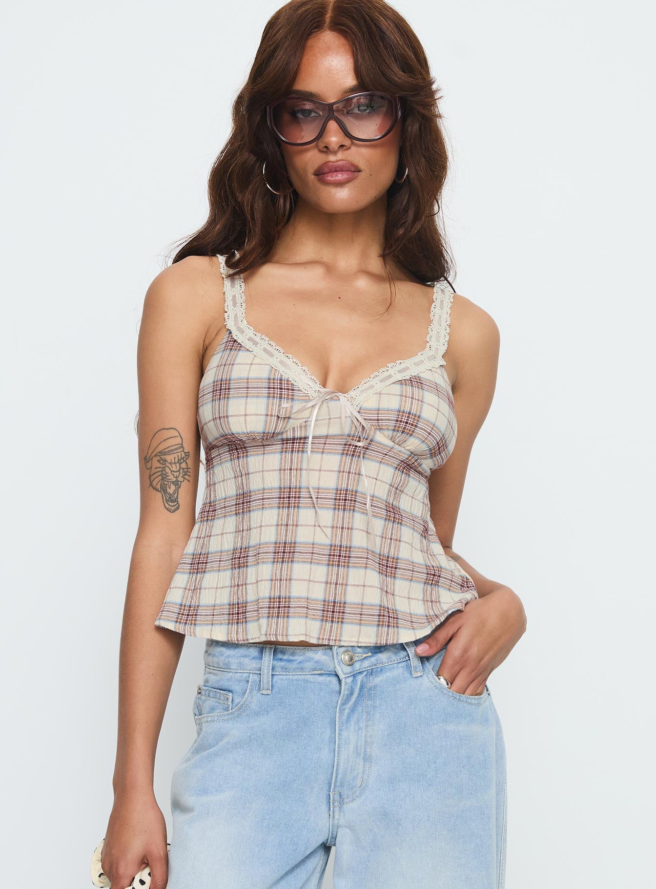 Alternative view of Pretty It Up Tie Detail Top Beige Check