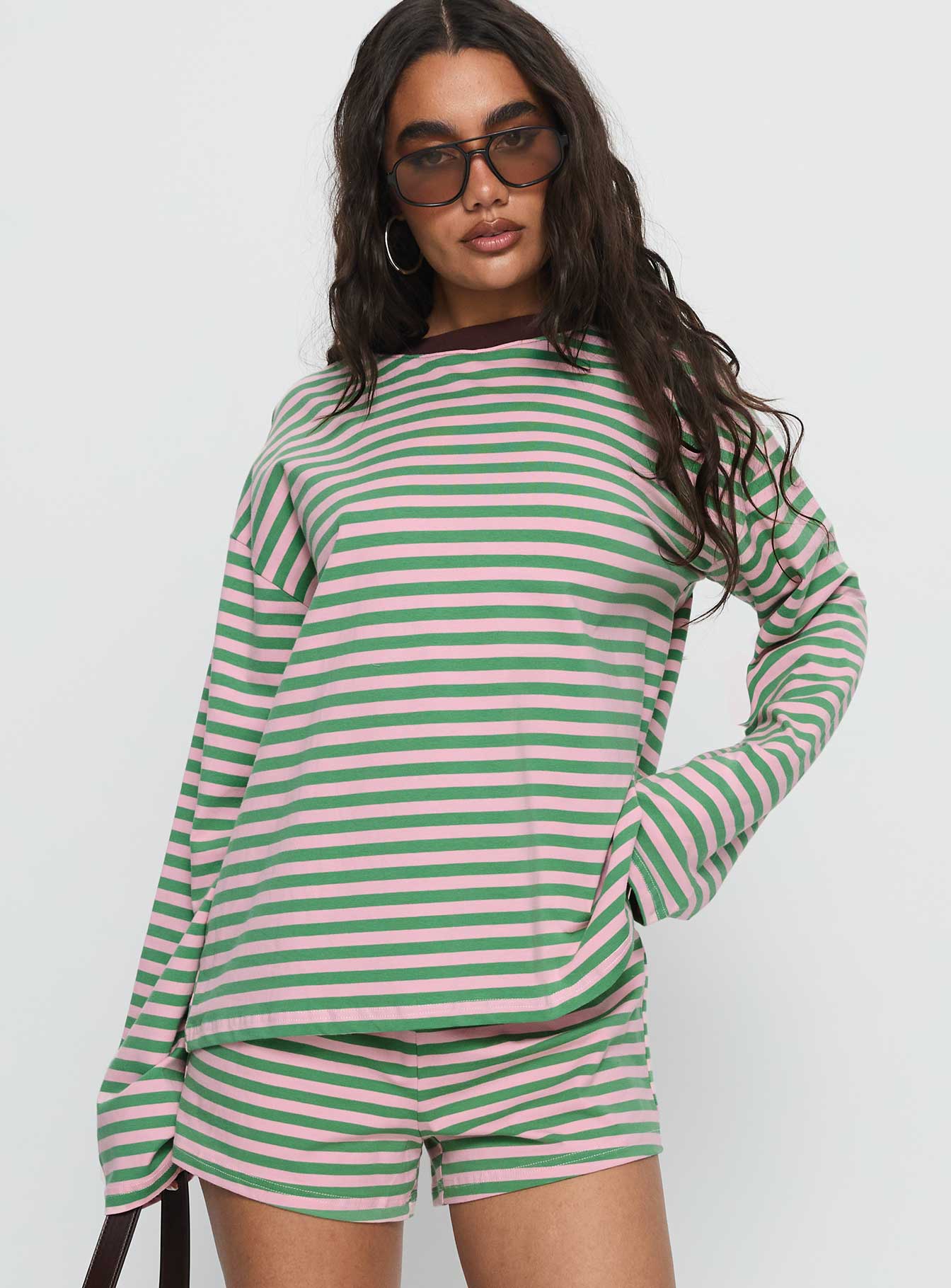 Alternative view of Settle Down Long Sleeve Top Green / Pink Stripe